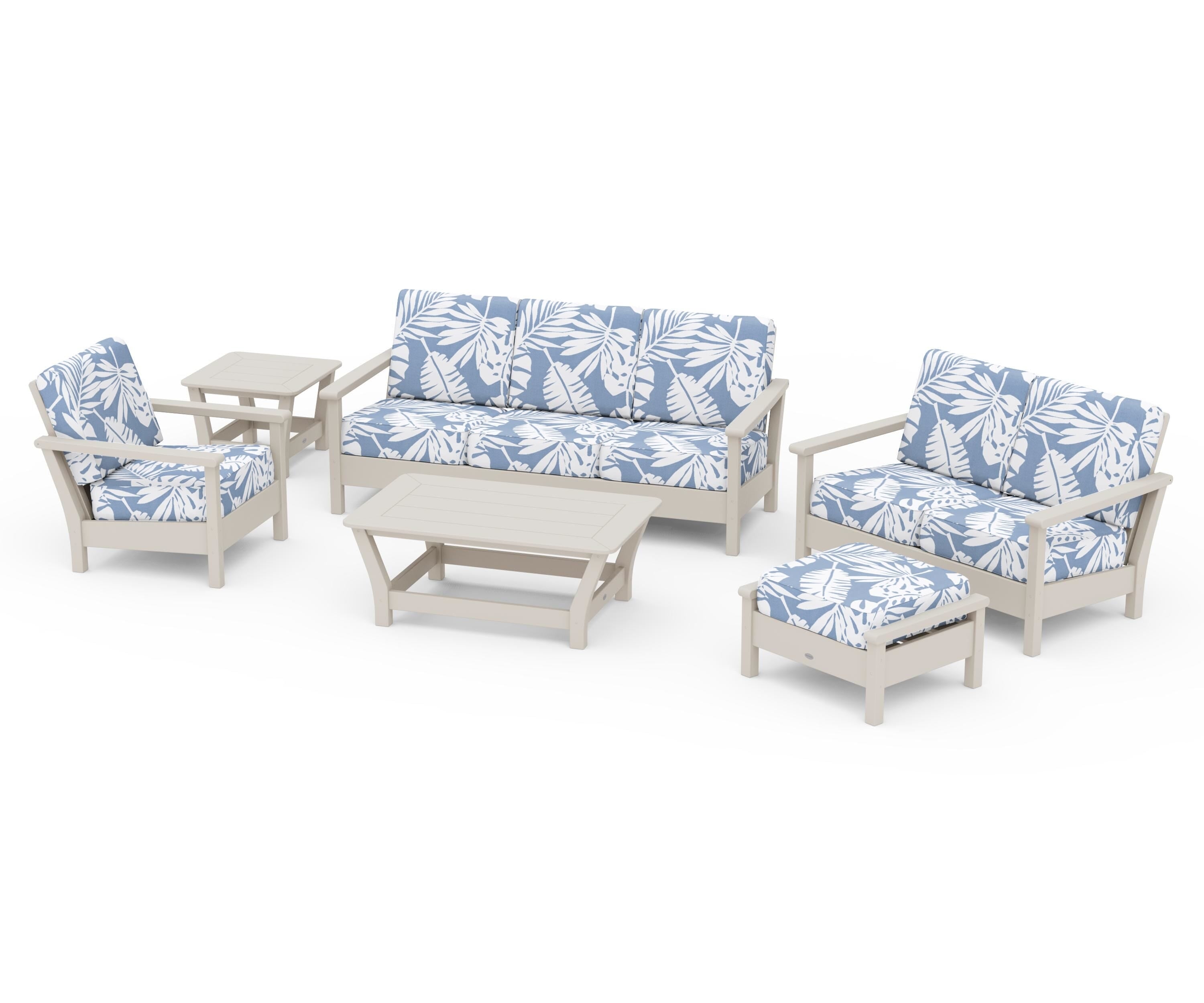 POLYWOOD Harbour 6-Piece Outdoor Living Set in Sand / Leaf Sky Blue