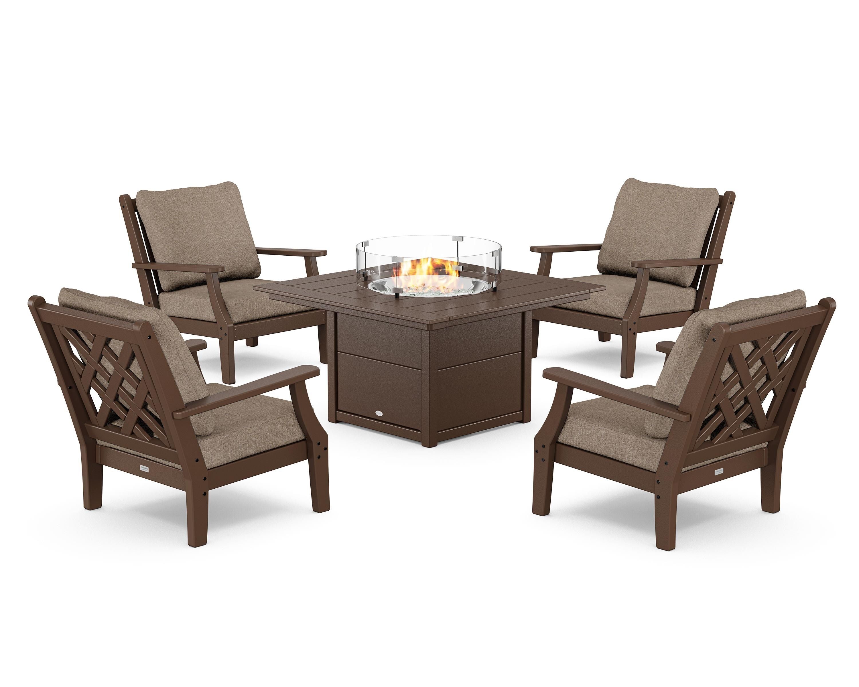 Country Living Wovendale 5-Piece Deep Seating Set with Fire Pit Table in Mahogany / Spiced Burlap
