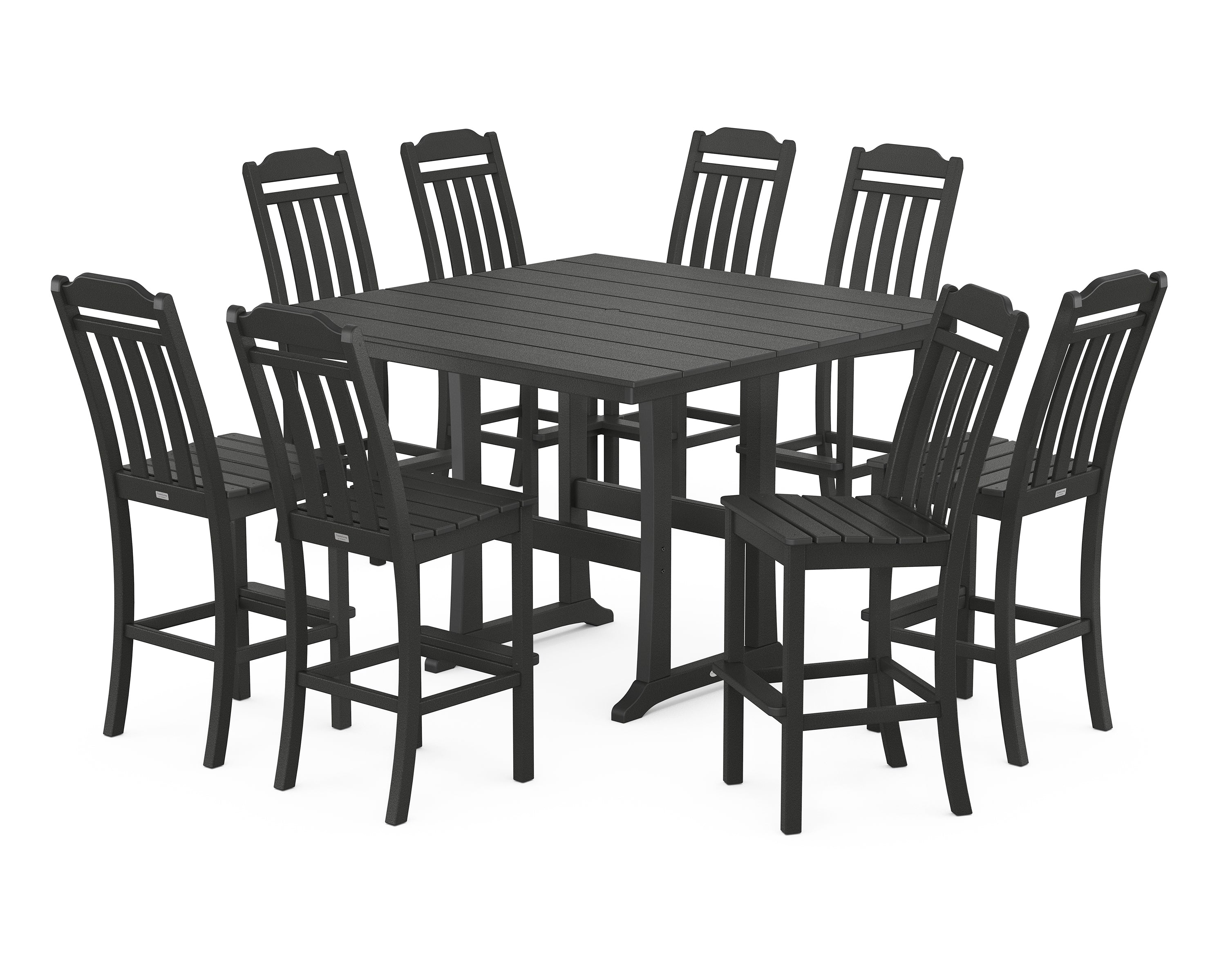 POLYWOOD Country Living 9-Piece Square Farmhouse Side Chair Bar Set with Trestle Legs in Black