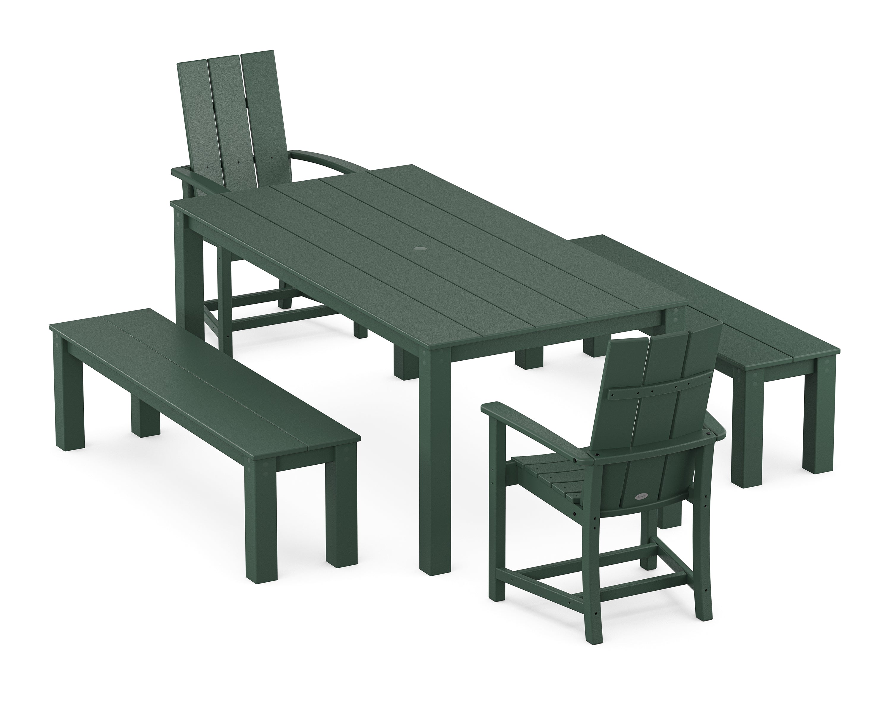 POLYWOOD Modern Adirondack 5-Piece Parsons Dining Set with Benches in Green