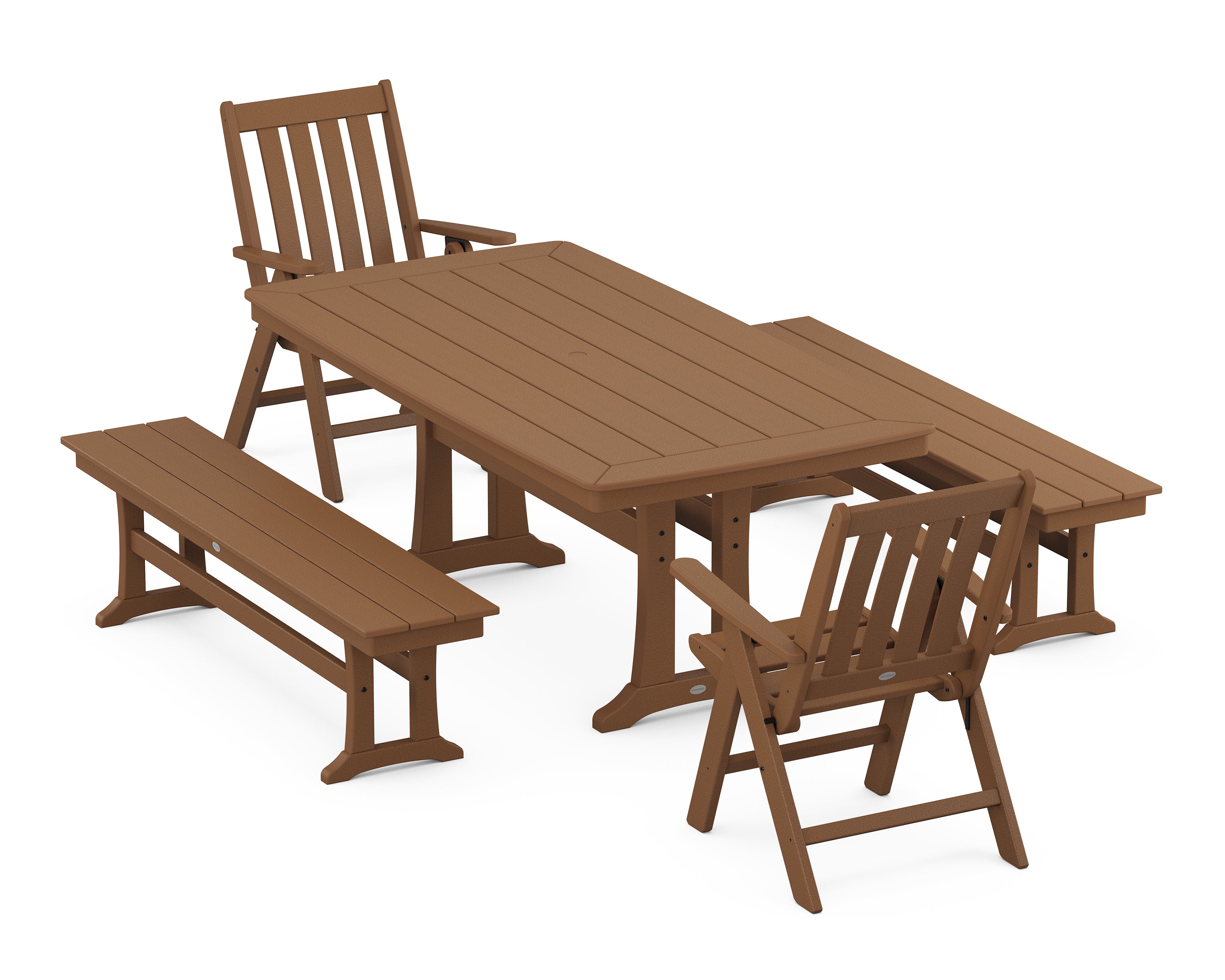 POLYWOOD Vineyard Folding Chair 5-Piece Dining Set with Trestle Legs and Benches in Teak