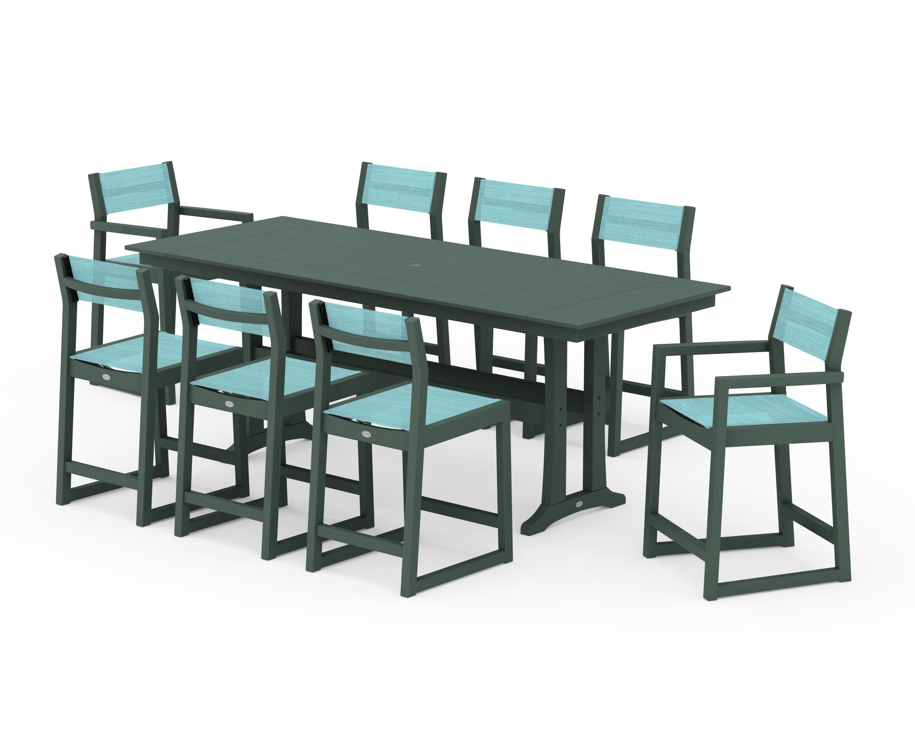 POLYWOOD EDGE Sling 9-Piece Farmhouse Counter Set with Trestle Legs in Green / Dupioni Aquamarine Sling