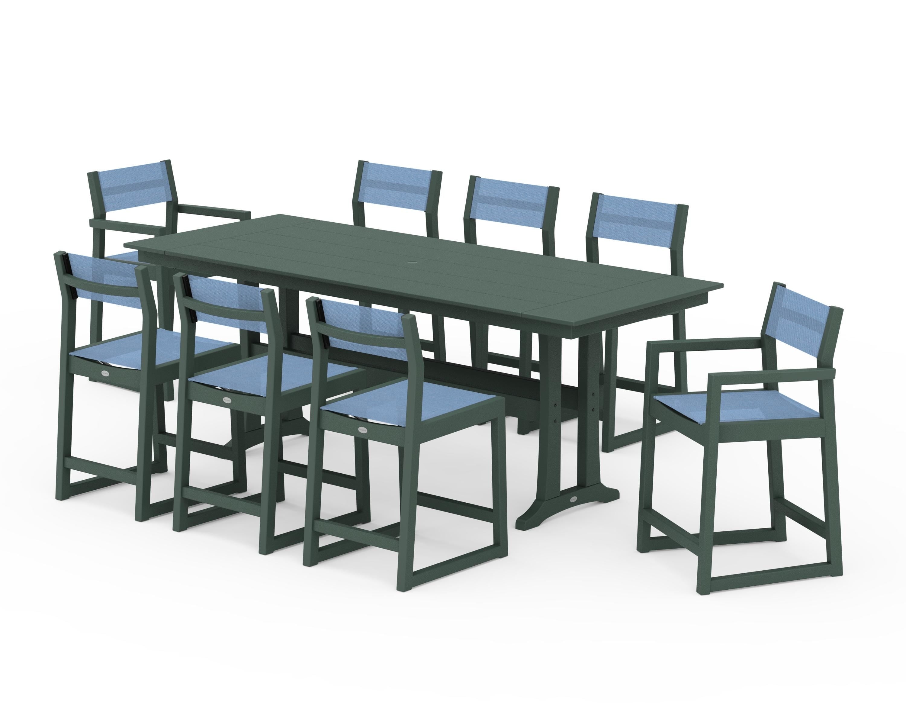 POLYWOOD EDGE Sling 9-Piece Farmhouse Counter Set with Trestle Legs in Green / Poolside Sling