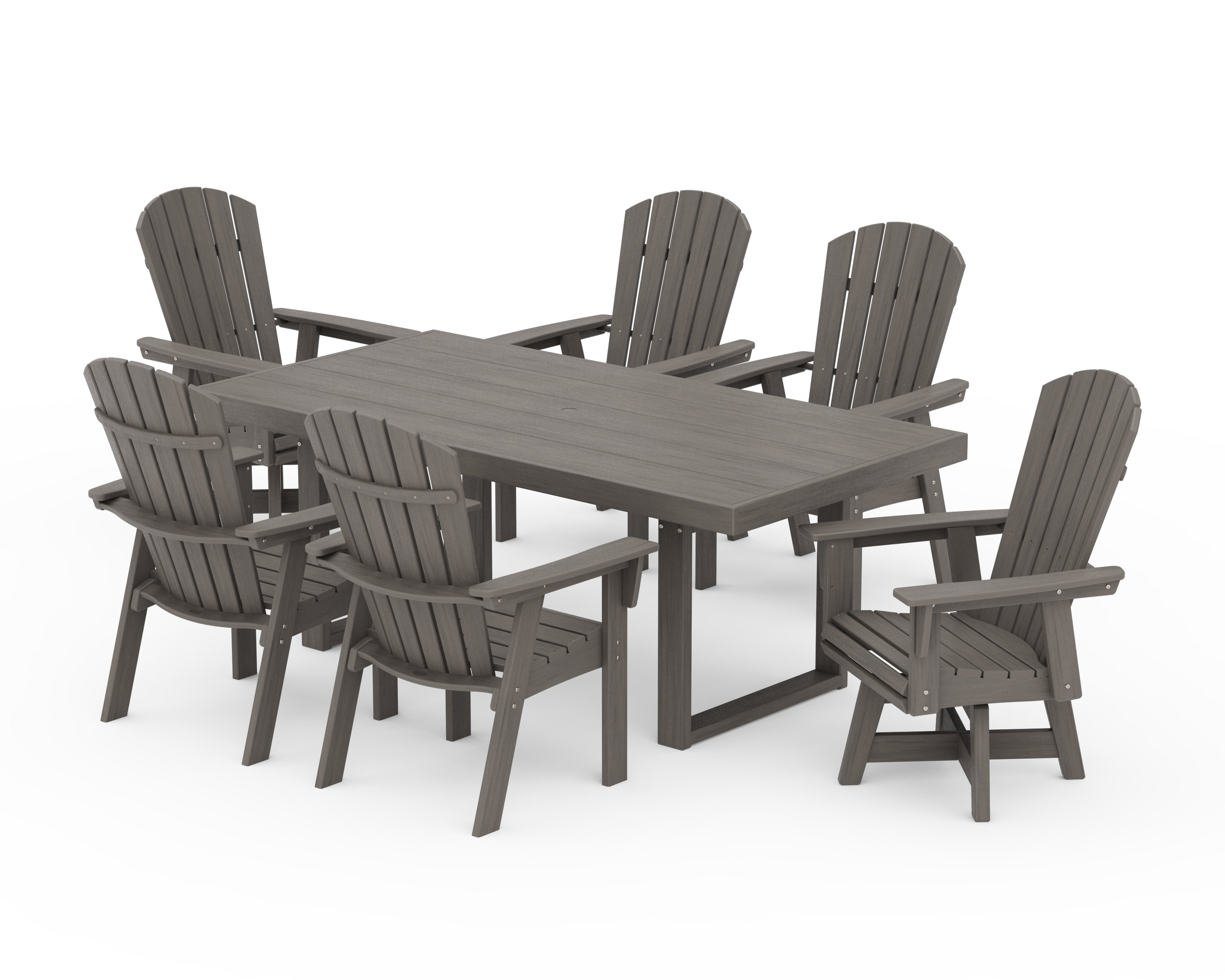 POLYWOOD Nautical Curveback Adirondack Swivel Chair 7-Piece Dining Set in Driftwood