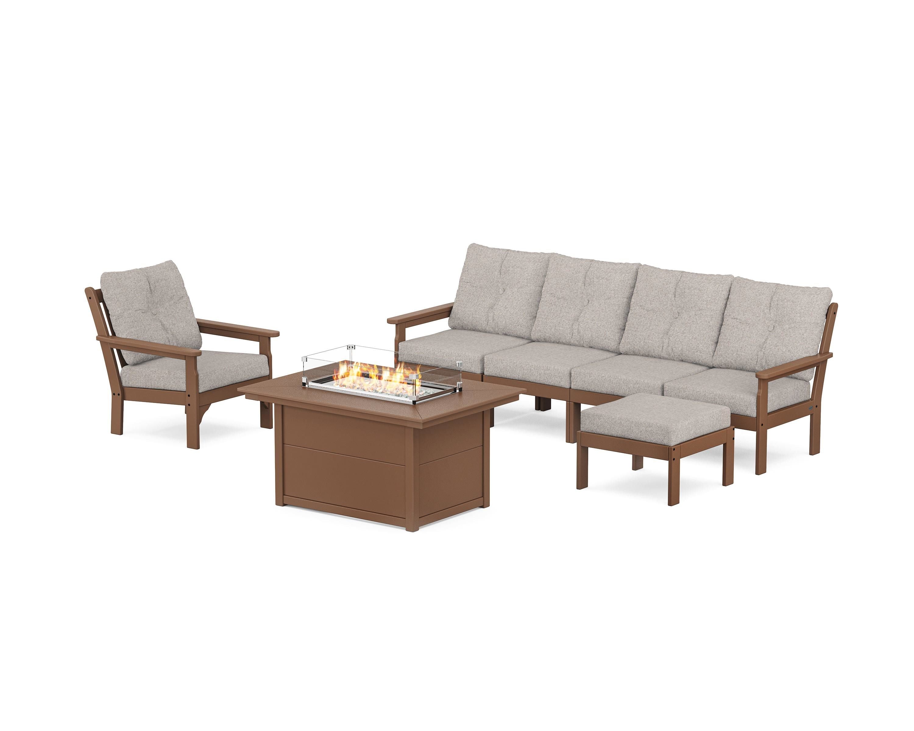 POLYWOOD Vineyard Sectional Lounge and Fire Pit Set in Teak / Weathered Tweed