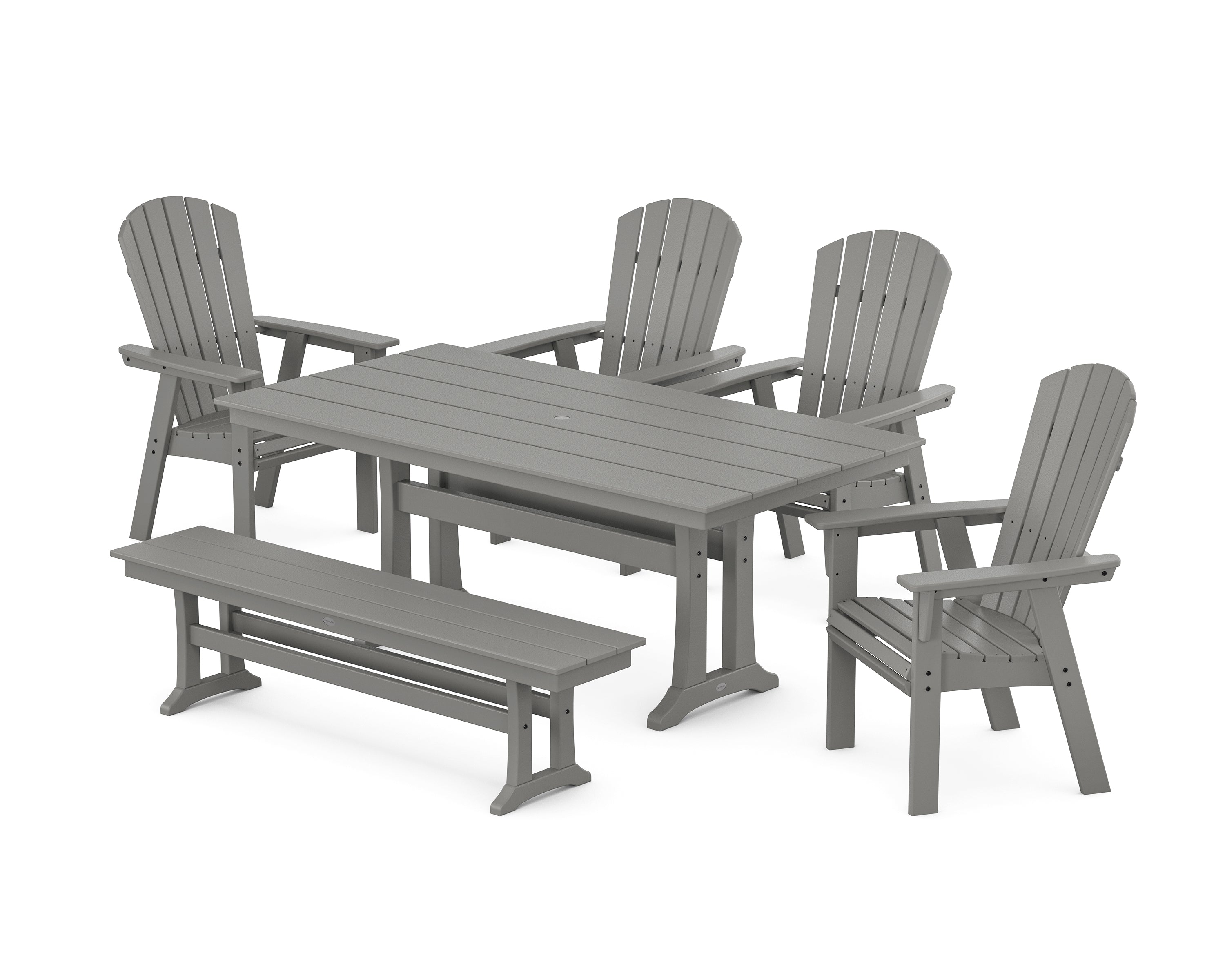 POLYWOOD Nautical Curveback Adirondack 6-Piece Farmhouse Dining Set with Trestle Legs and Bench in Slate Grey