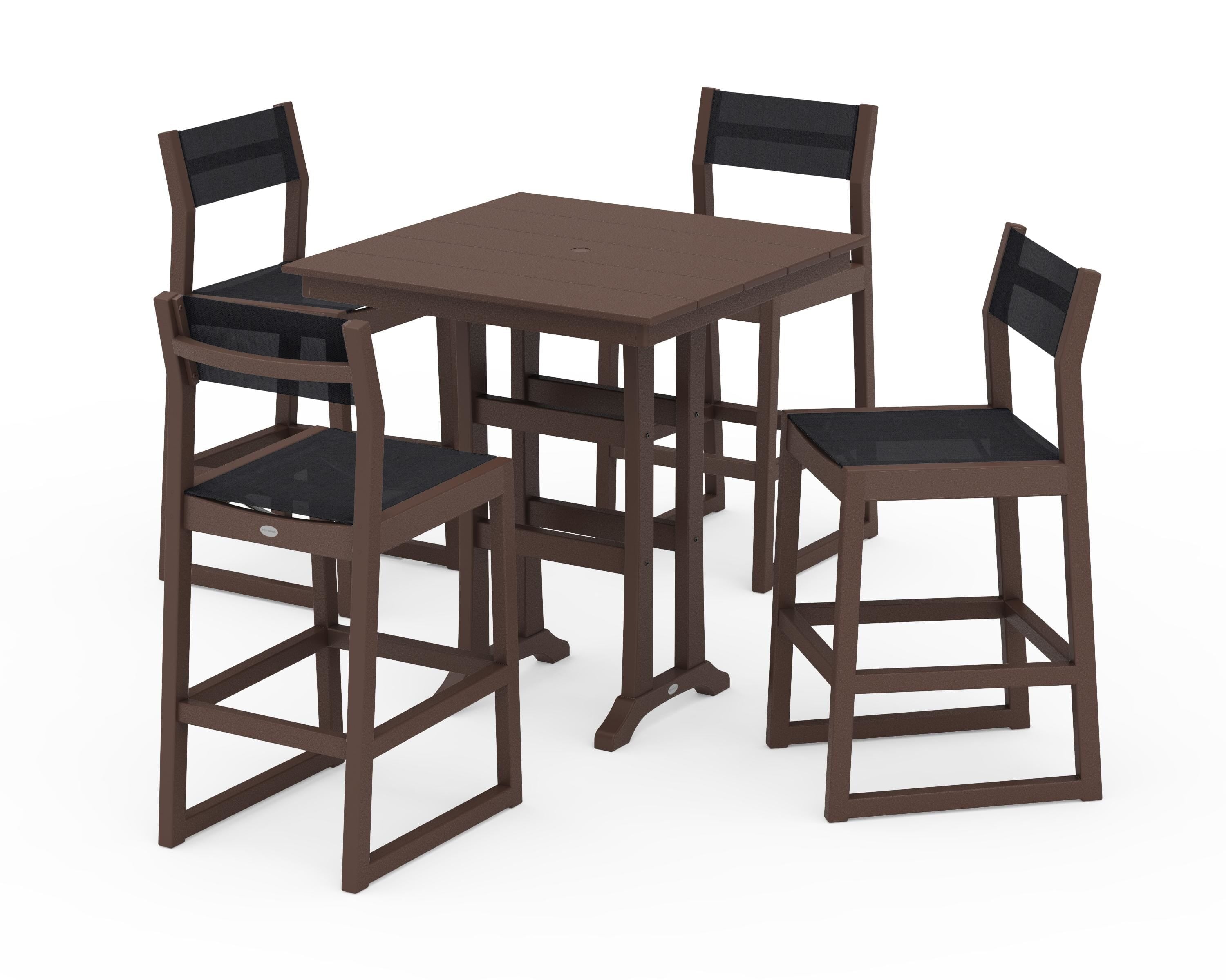 POLYWOOD EDGE Sling Arm Chair 5-Piece Farmhouse Bar Set with Trestle Legs in Mahogany / Black Sling
