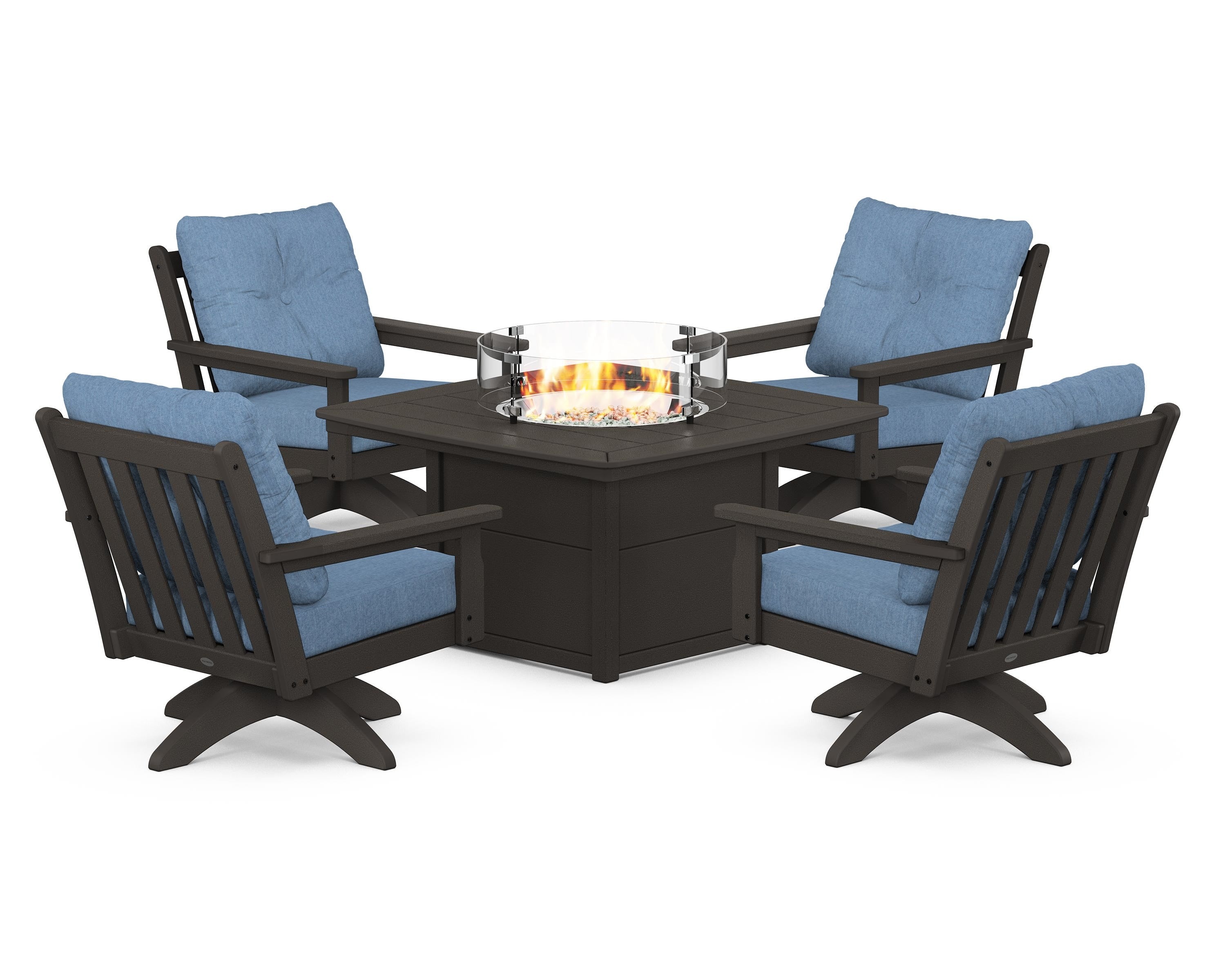 POLYWOOD Vineyard 5-Piece Deep Seating Swivel Conversation Set with Fire Pit Table in Vintage Coffee / Sky Blue