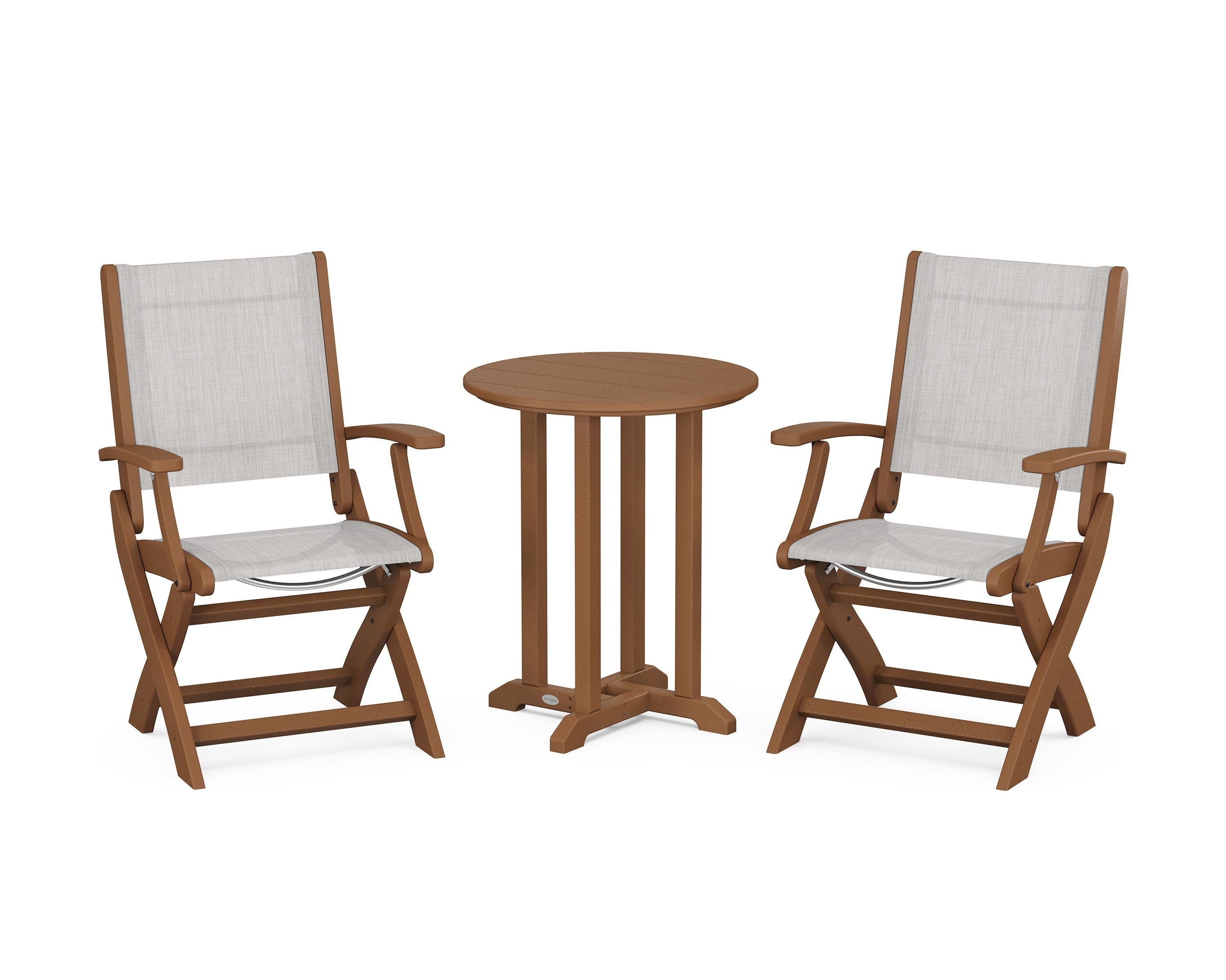 POLYWOOD Coastal Folding 3-Piece Round Bistro Dining Set in Teak / Parchment Sling