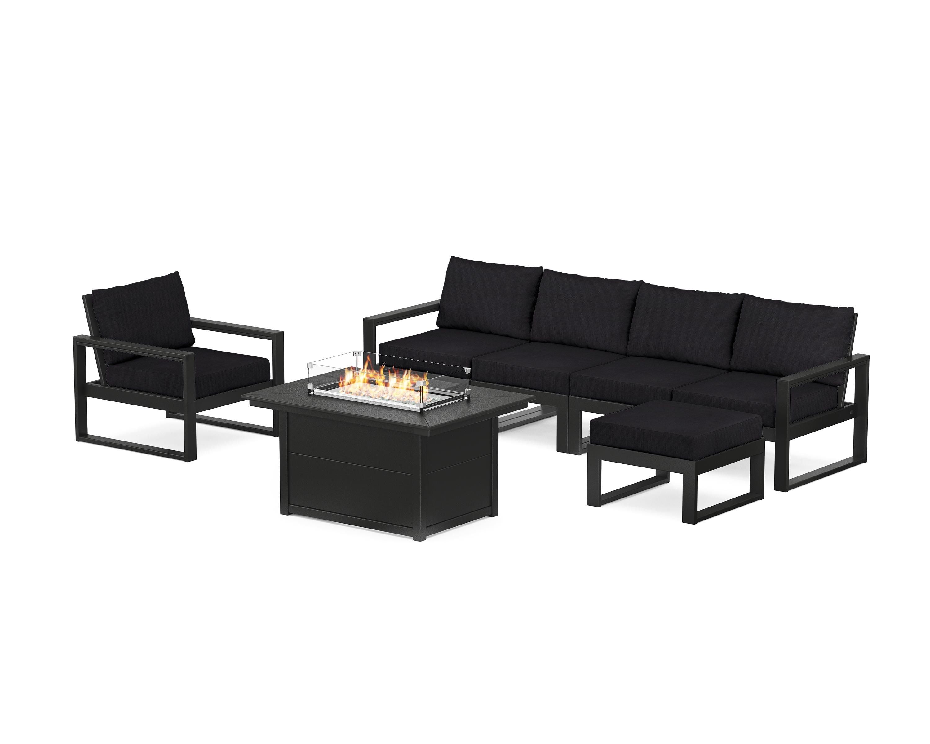 POLYWOOD EDGE Sectional Lounge and Fire Pit Set in Black / Midnight Linen