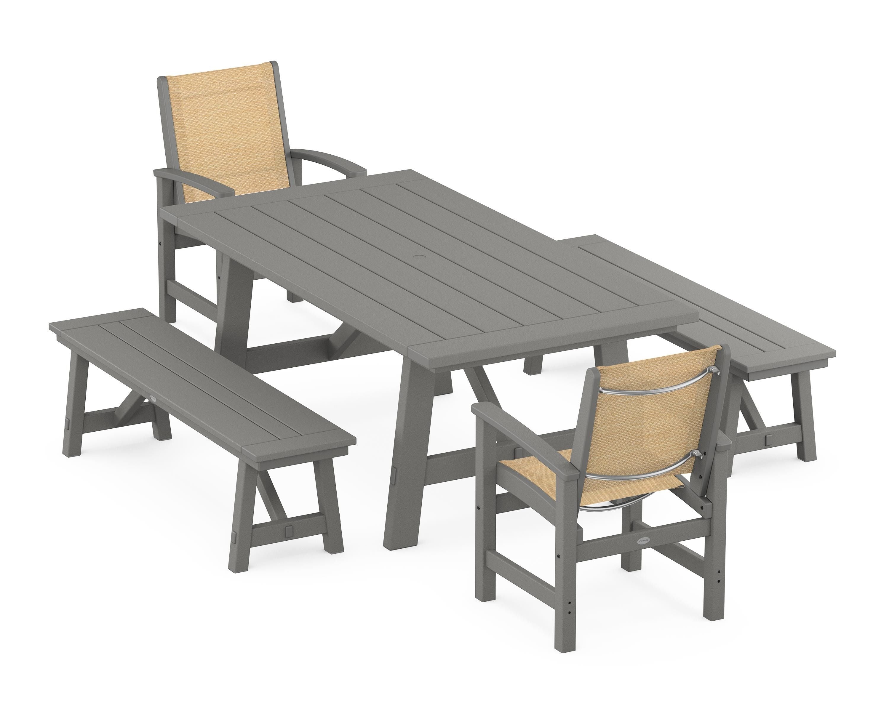 POLYWOOD Coastal 5-Piece Rustic Farmhouse Dining Set With Benches in Slate Grey / Dupioni Apricot Sling