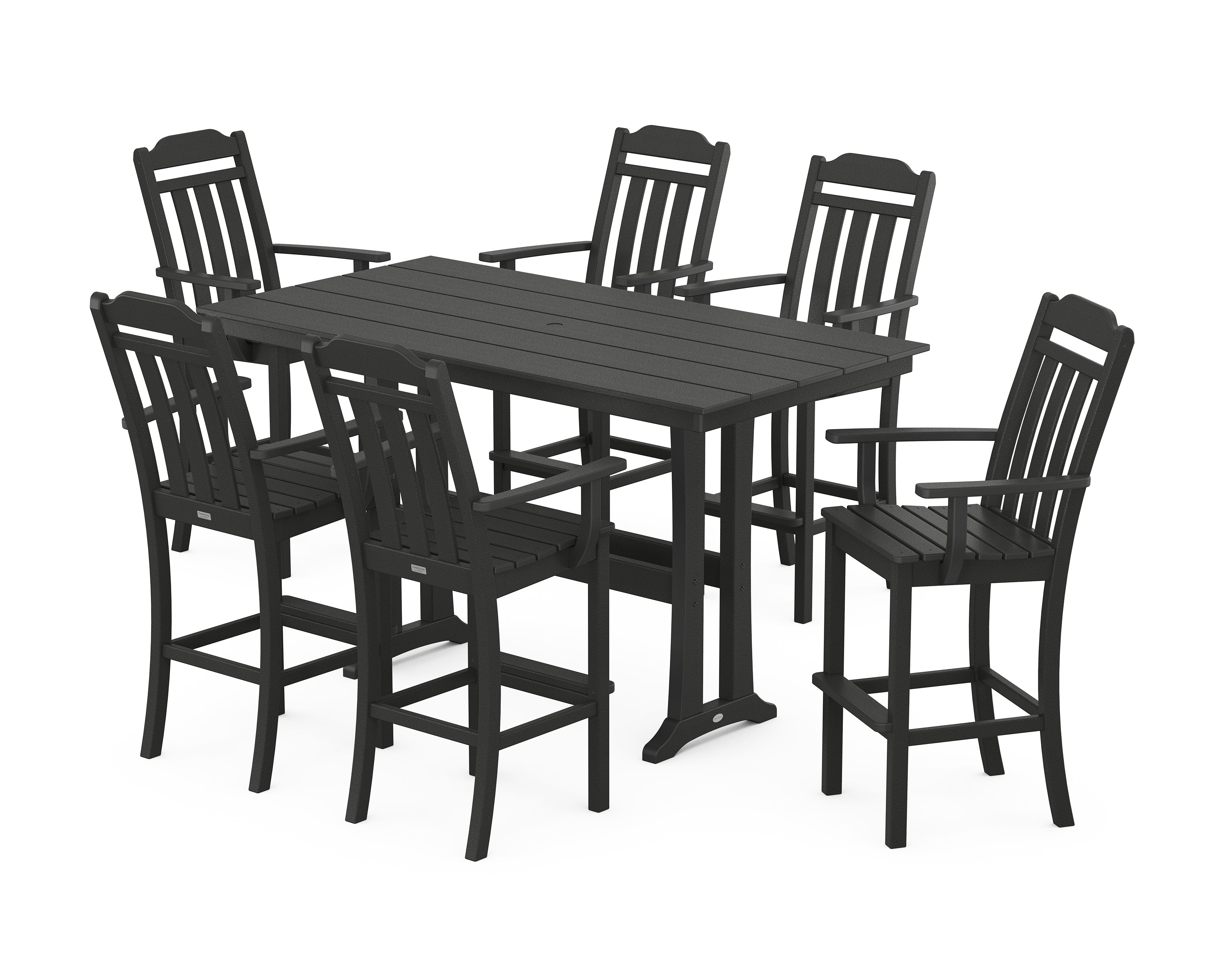 POLYWOOD Country Living Arm Chair 7-Piece Farmhouse Bar Set with Trestle Legs in Black