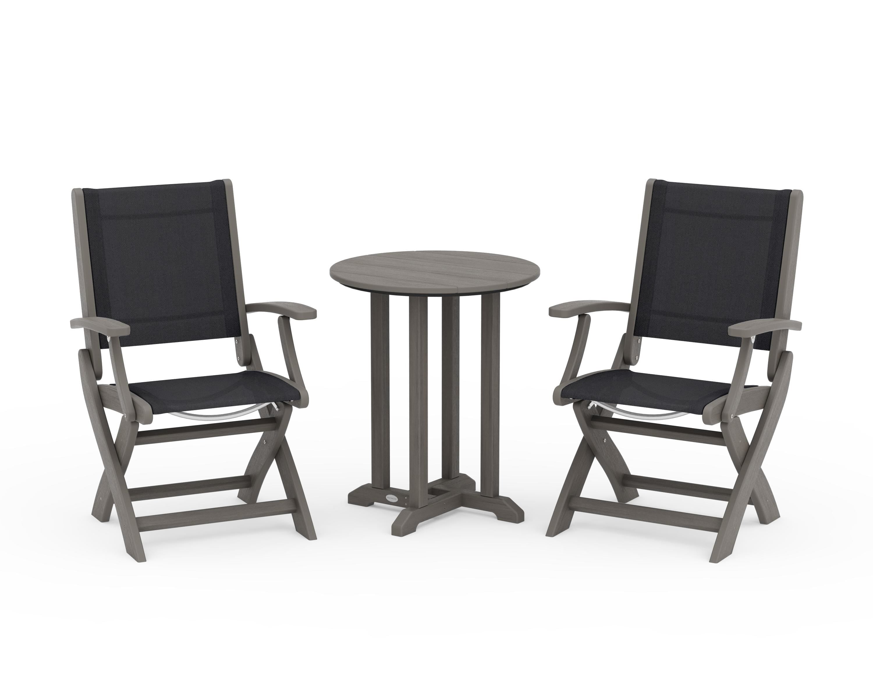 POLYWOOD Coastal Folding 3-Piece Round Bistro Dining Set in Driftwood / Black Sling