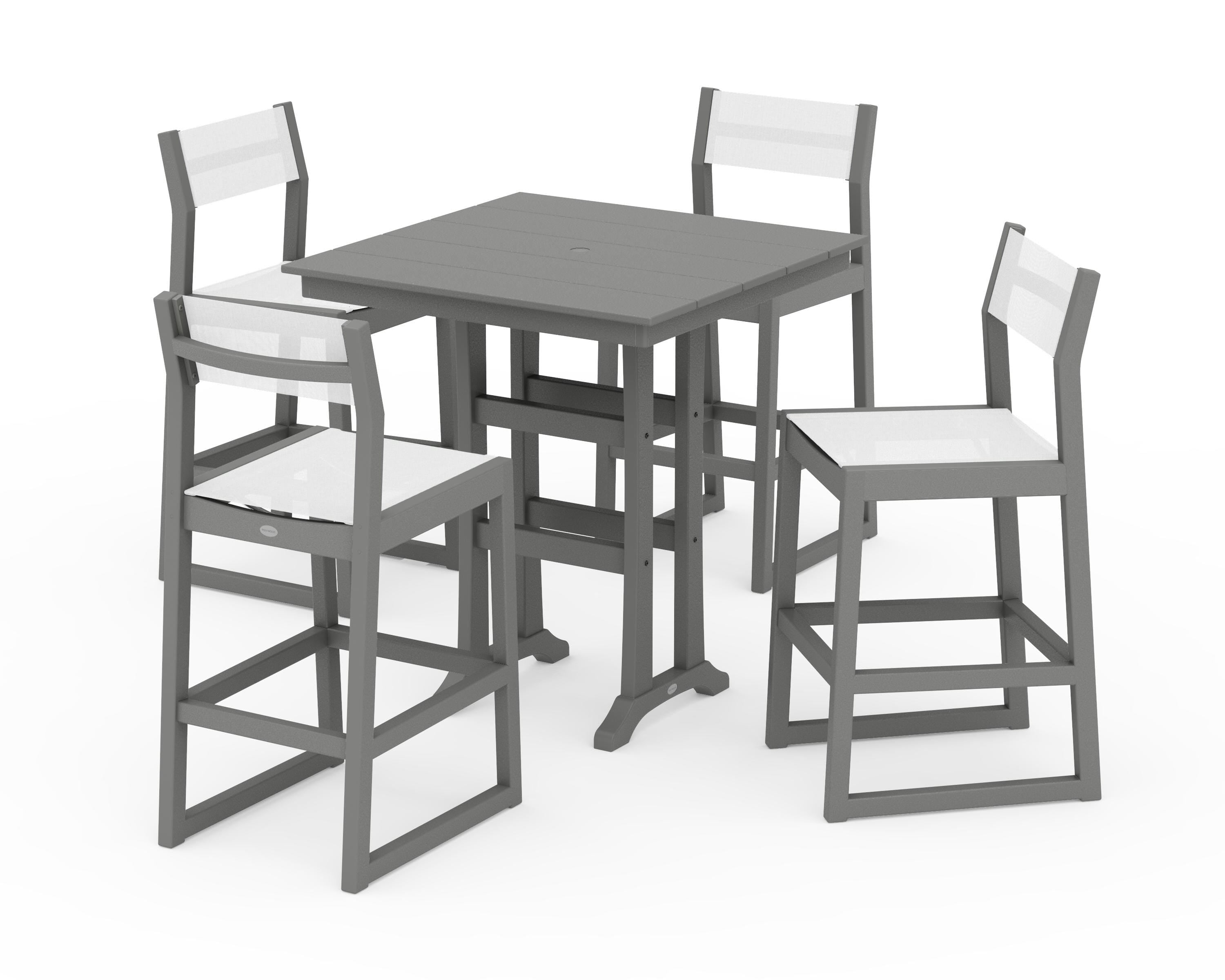 POLYWOOD EDGE Sling Arm Chair 5-Piece Farmhouse Bar Set with Trestle Legs in Slate Grey / White Sling