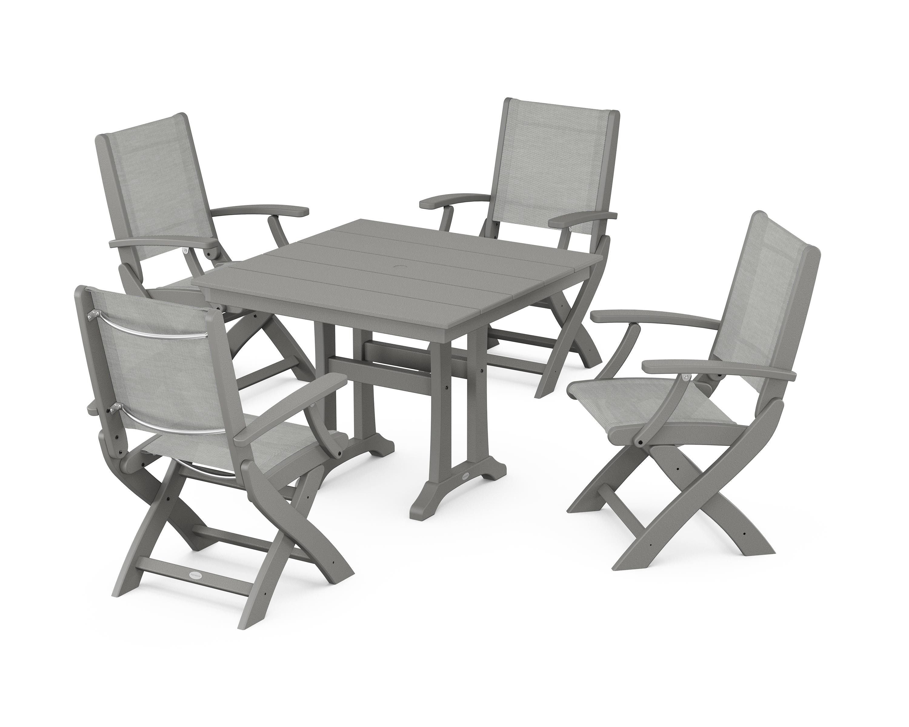 POLYWOOD Coastal Folding Chair 5-Piece Farmhouse Dining Set With Trestle Legs in Slate Grey / Metallic Sling