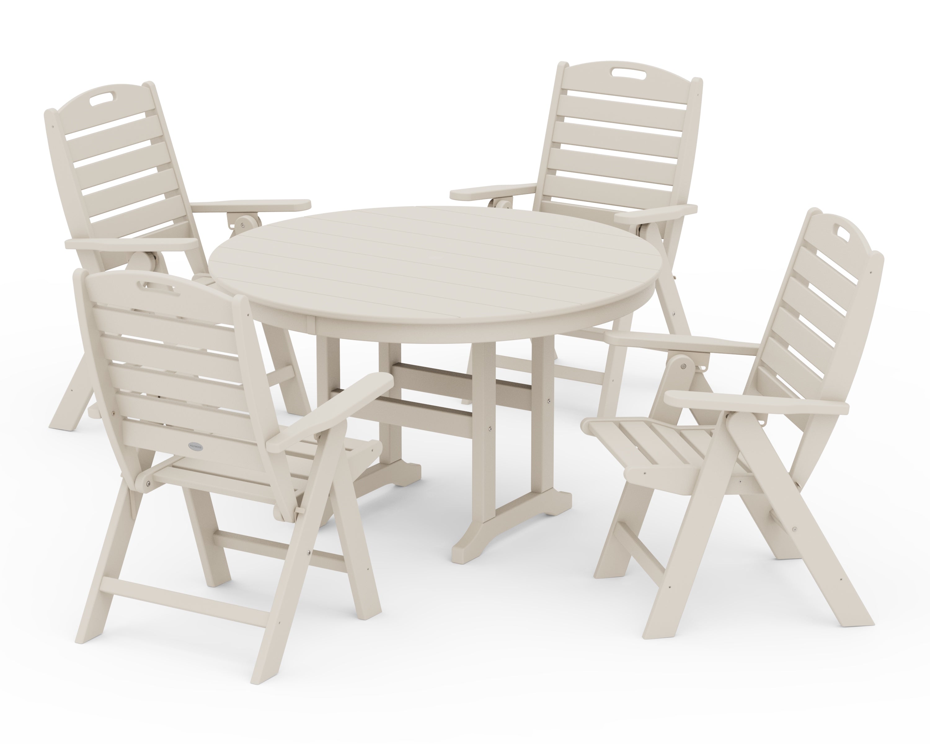 POLYWOOD Nautical Folding Chair 5-Piece Round Farmhouse Dining Set in Sand