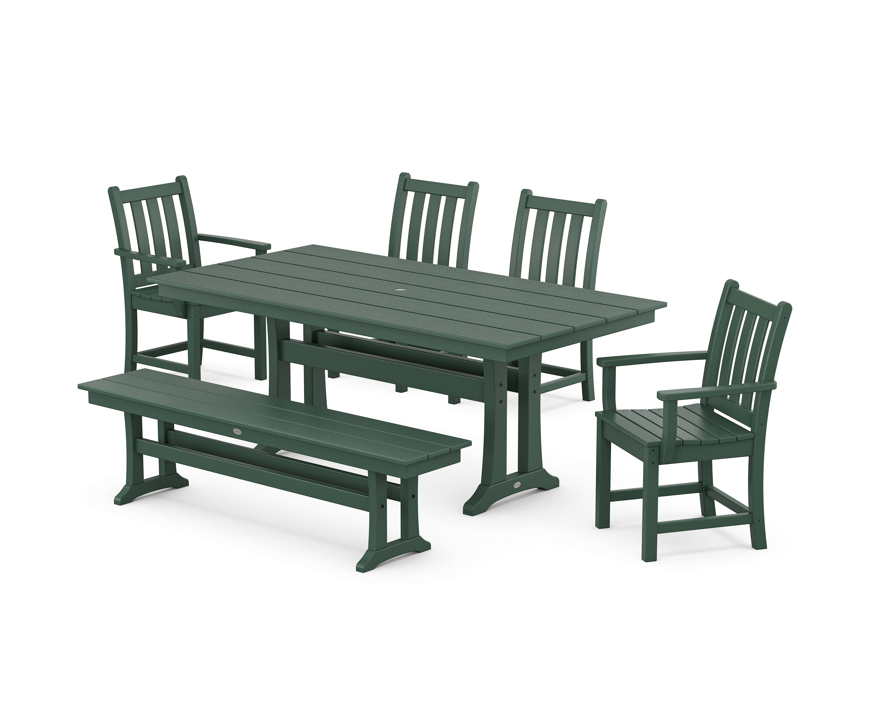POLYWOOD Traditional Garden 6-Piece Farmhouse Dining Set with Trestle Legs and Bench in Green