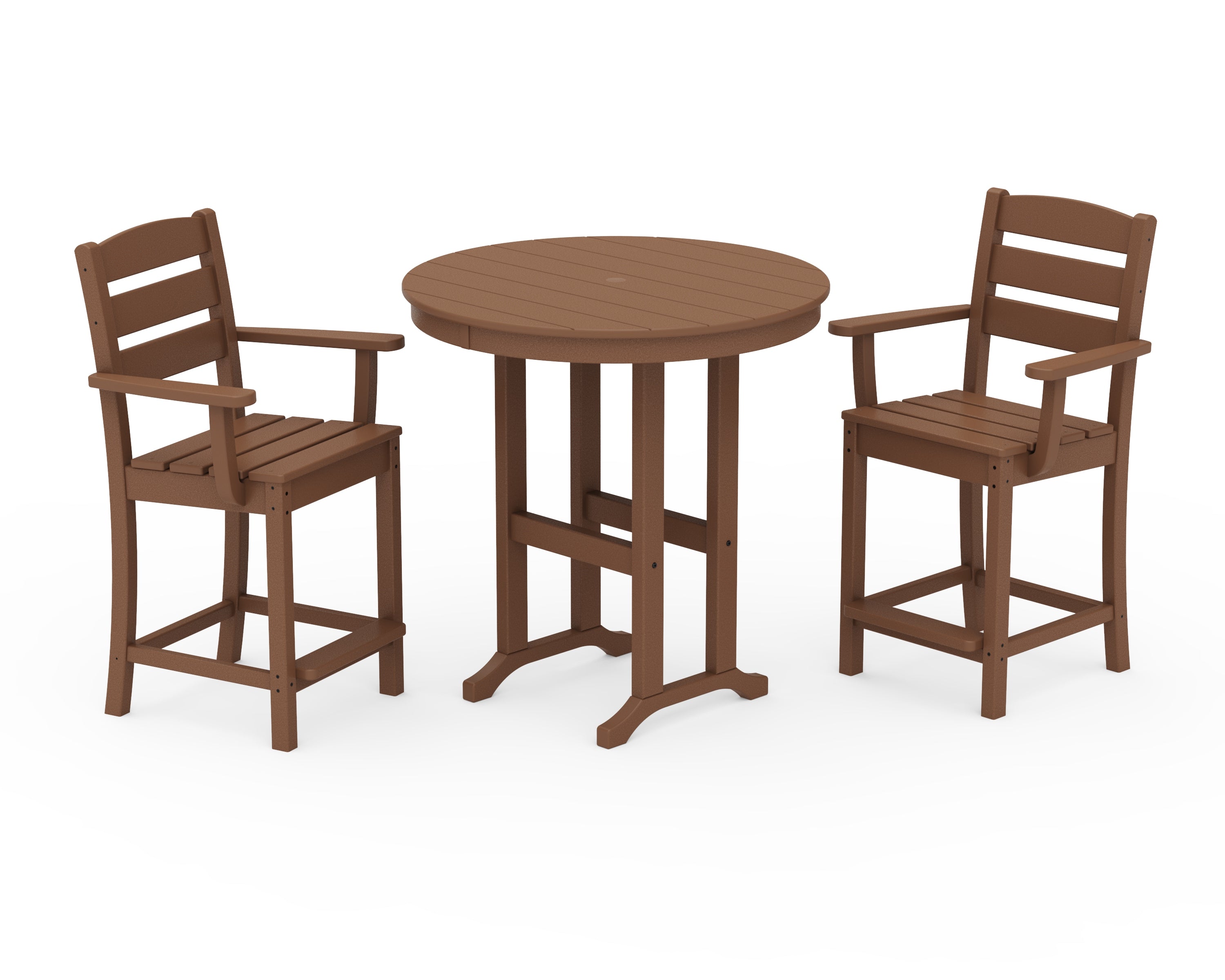 POLYWOOD Lakeside 3-Piece Round Farmhouse Arm Chair Counter Set in Teak