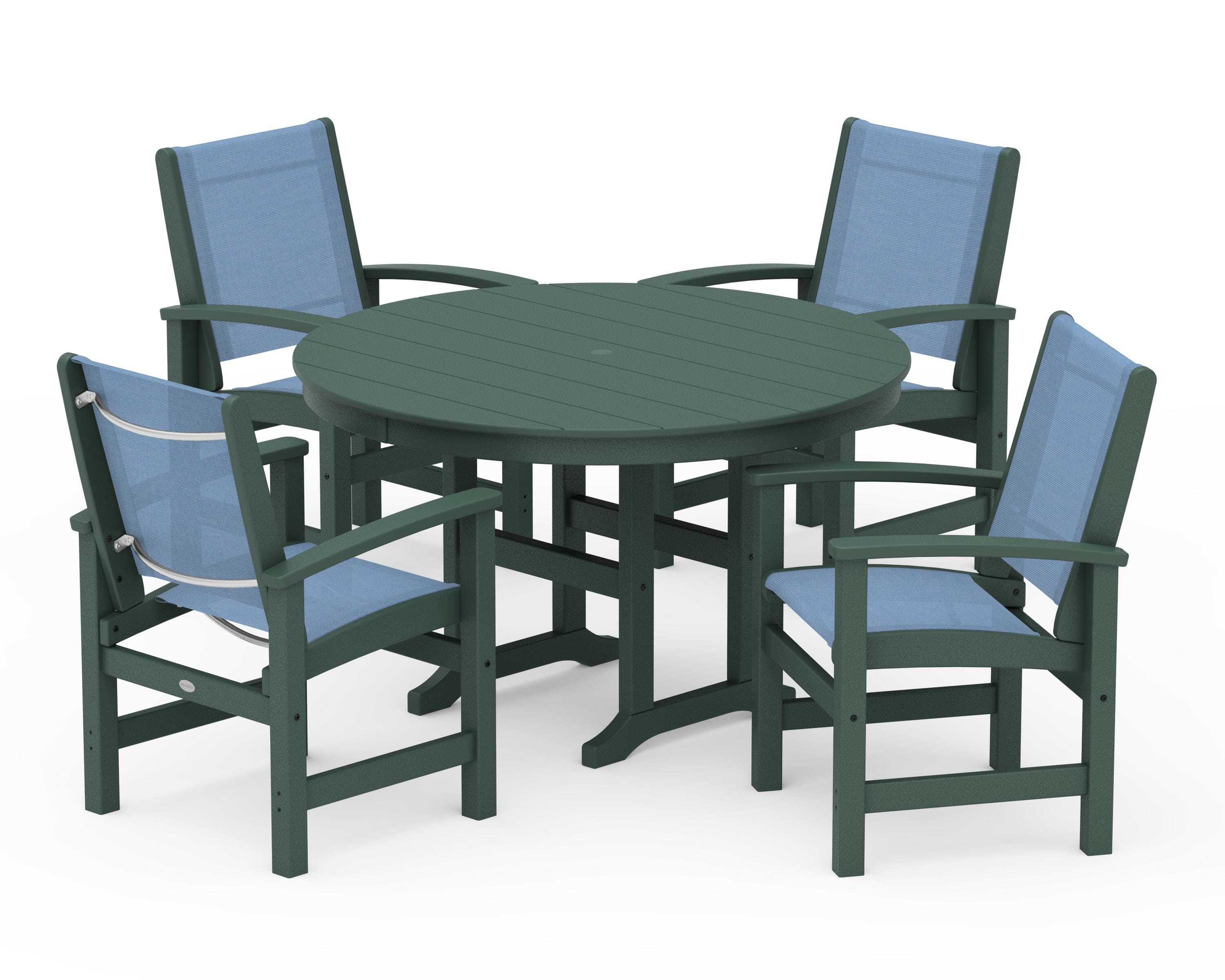 POLYWOOD Coastal 5-Piece Round Farmhouse Dining Set in Green / Poolside Sling