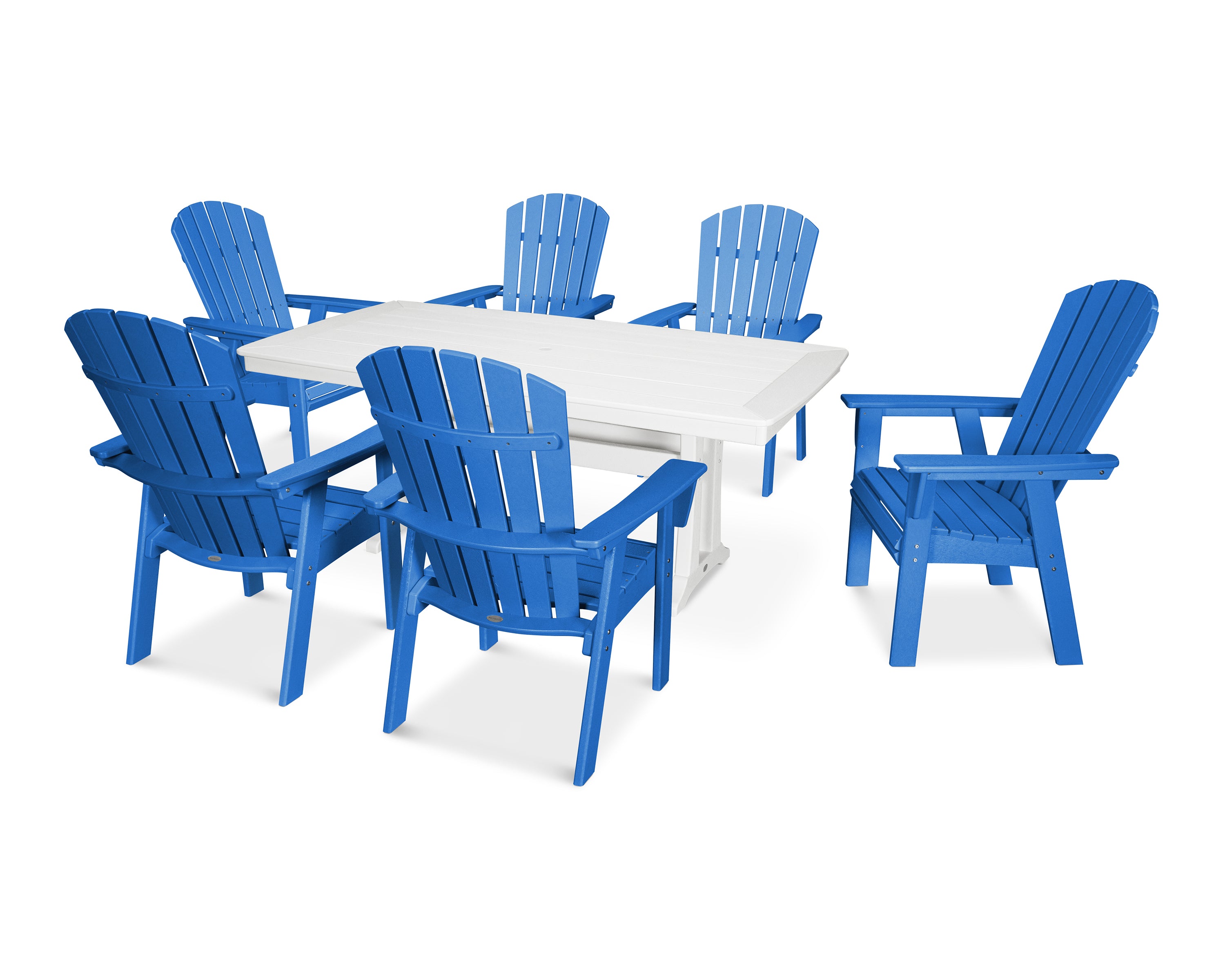 POLYWOOD Nautical Curveback Adirondack 7-Piece Dining Set with Trestle Legs in Pacific Blue / White