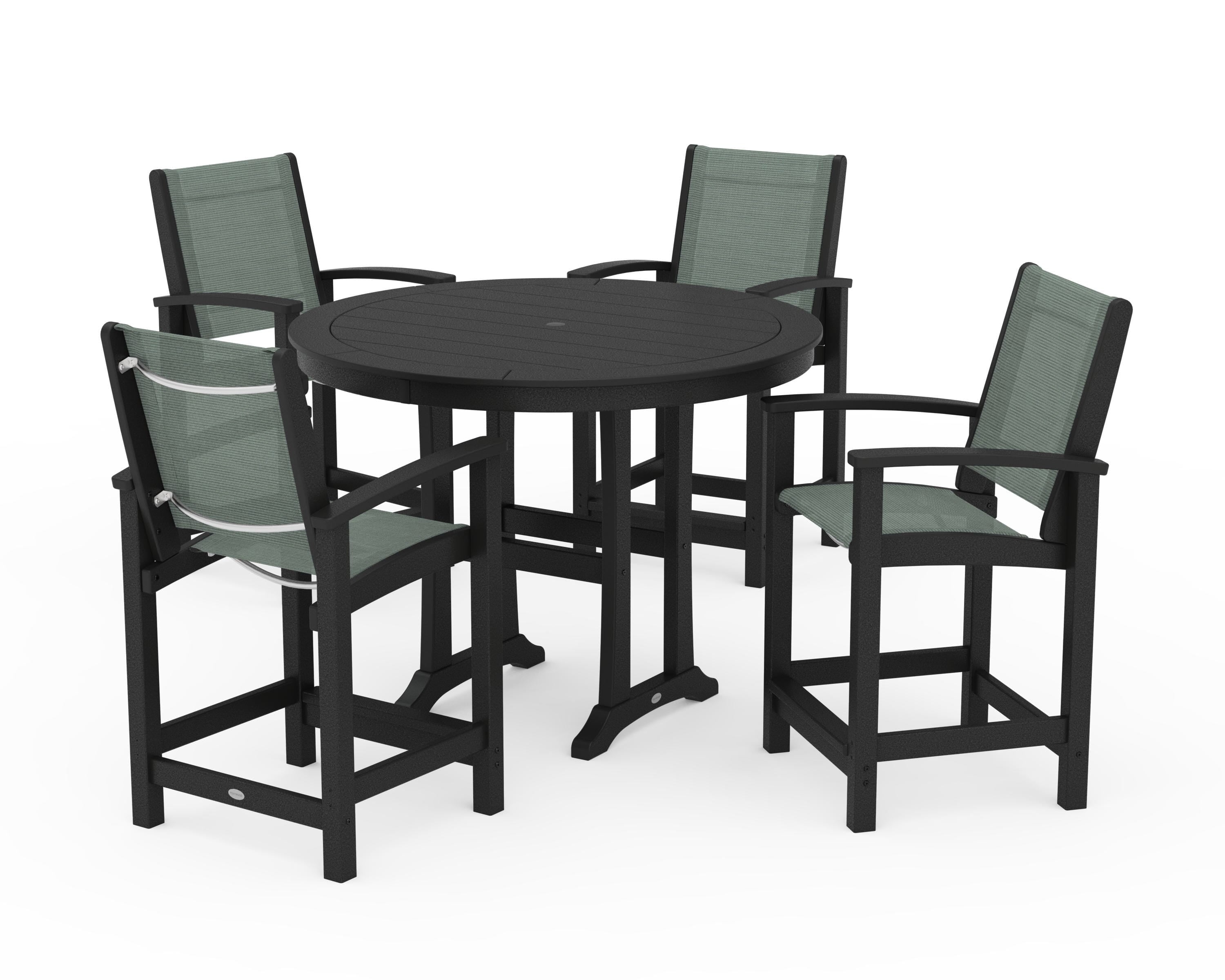 POLYWOOD Coastal 5-Piece Counter Set in Black / Dupioni Sea Mist Sling