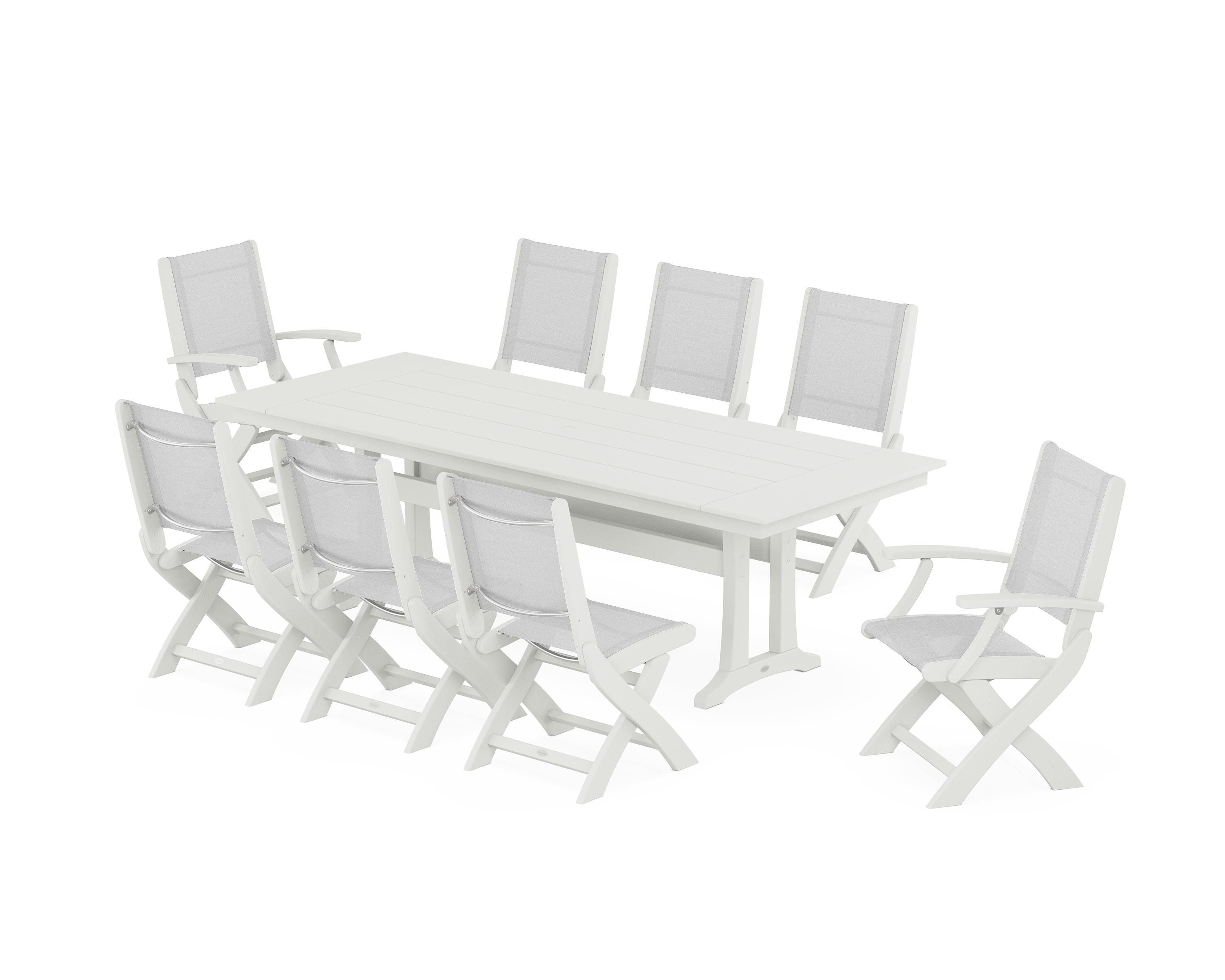 POLYWOOD Coastal 9-Piece Folding Dining Chair Farmhouse Dining Set with Trestle Legs in Vintage White / White Sling
