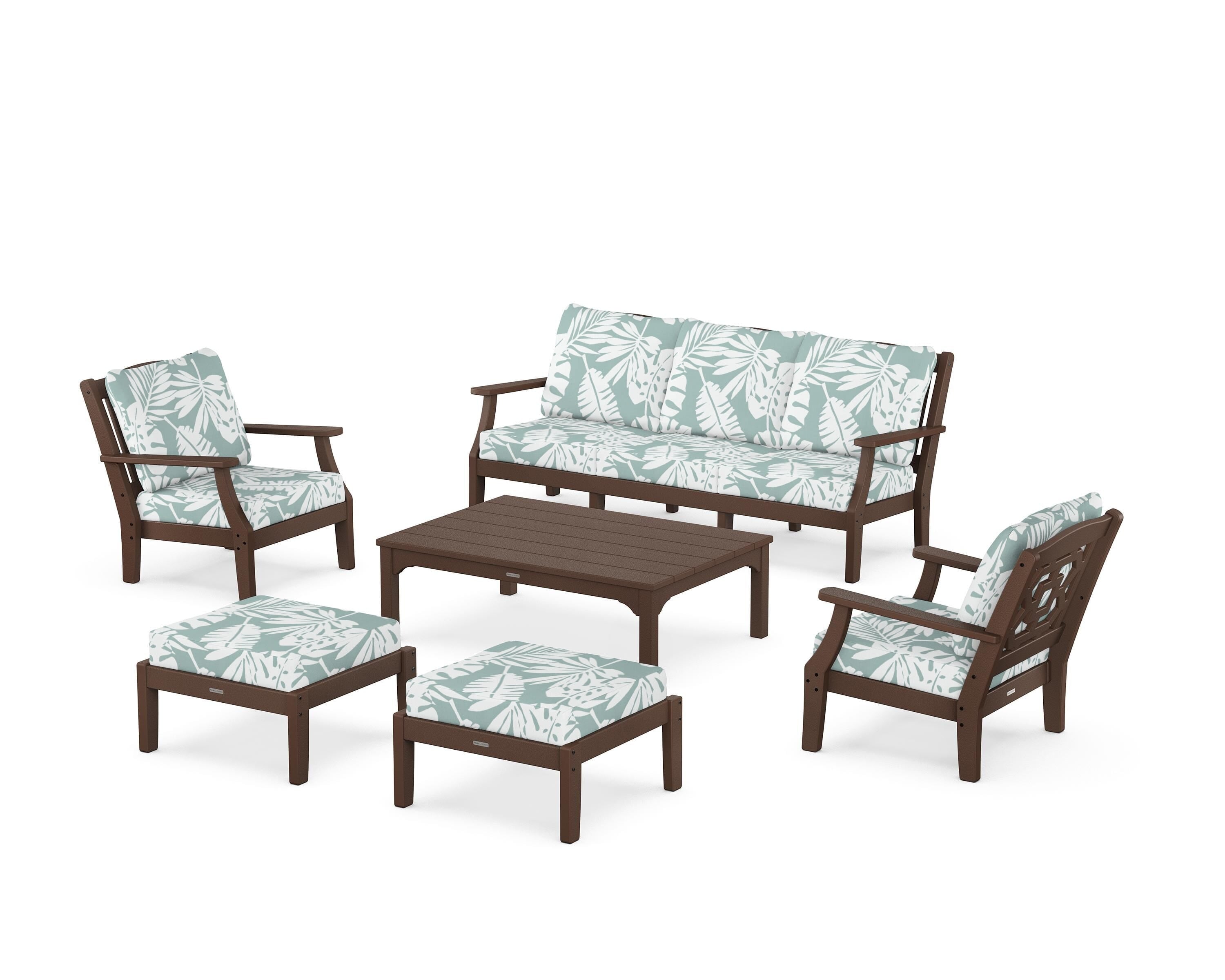 Martha Stewart by POLYWOOD Chinoiserie 6-Piece Lounge Sofa Set in Mahogany / Leaf Glacier Spa