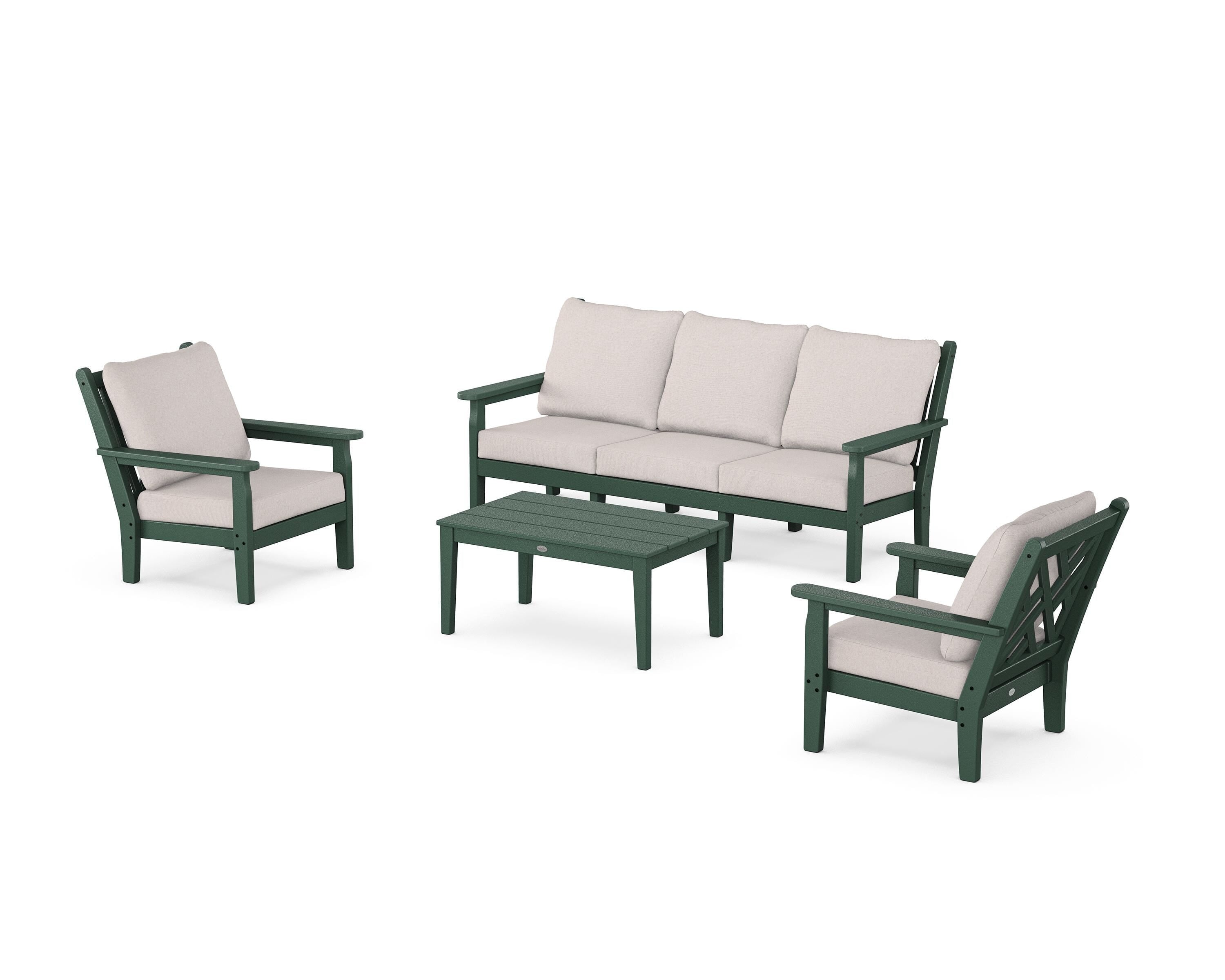 POLYWOOD Chippendale 4-Piece Deep Seating Set with Sofa in Green / Dune Burlap