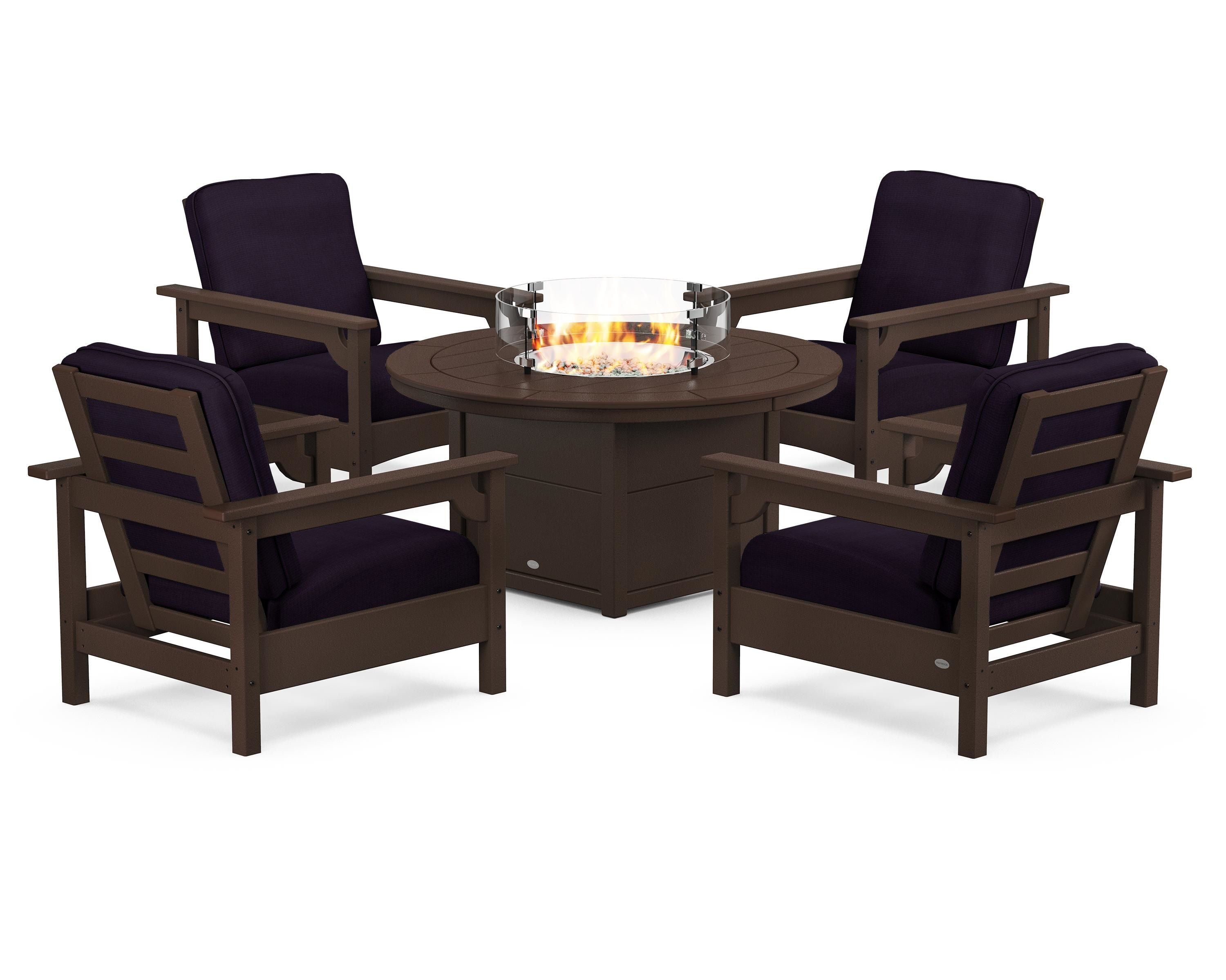POLYWOOD Club 5-Piece Conversation Set with Fire Pit Table in Mahogany / Navy Linen