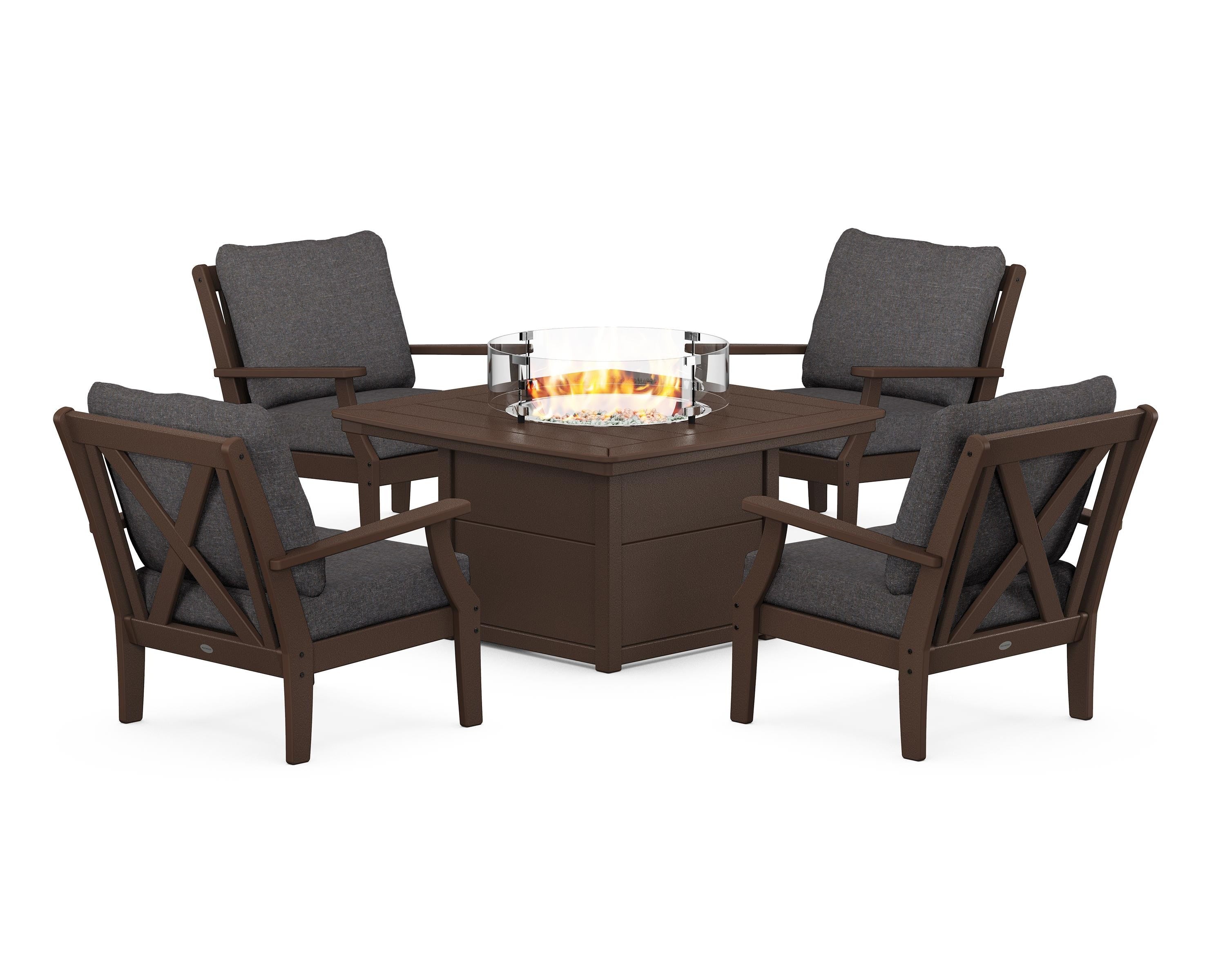 POLYWOOD Braxton 5-Piece Deep Seating Conversation Set with Fire Pit Table in Mahogany / Ash Charcoal