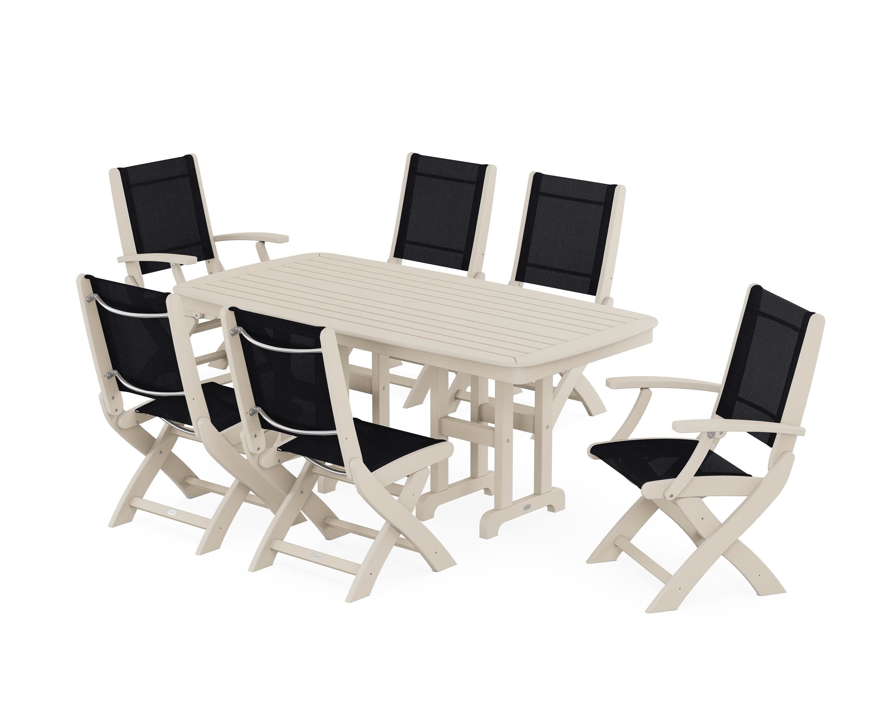 POLYWOOD Coastal Folding Chair 7-Piece Dining Set in Sand / Black Sling
