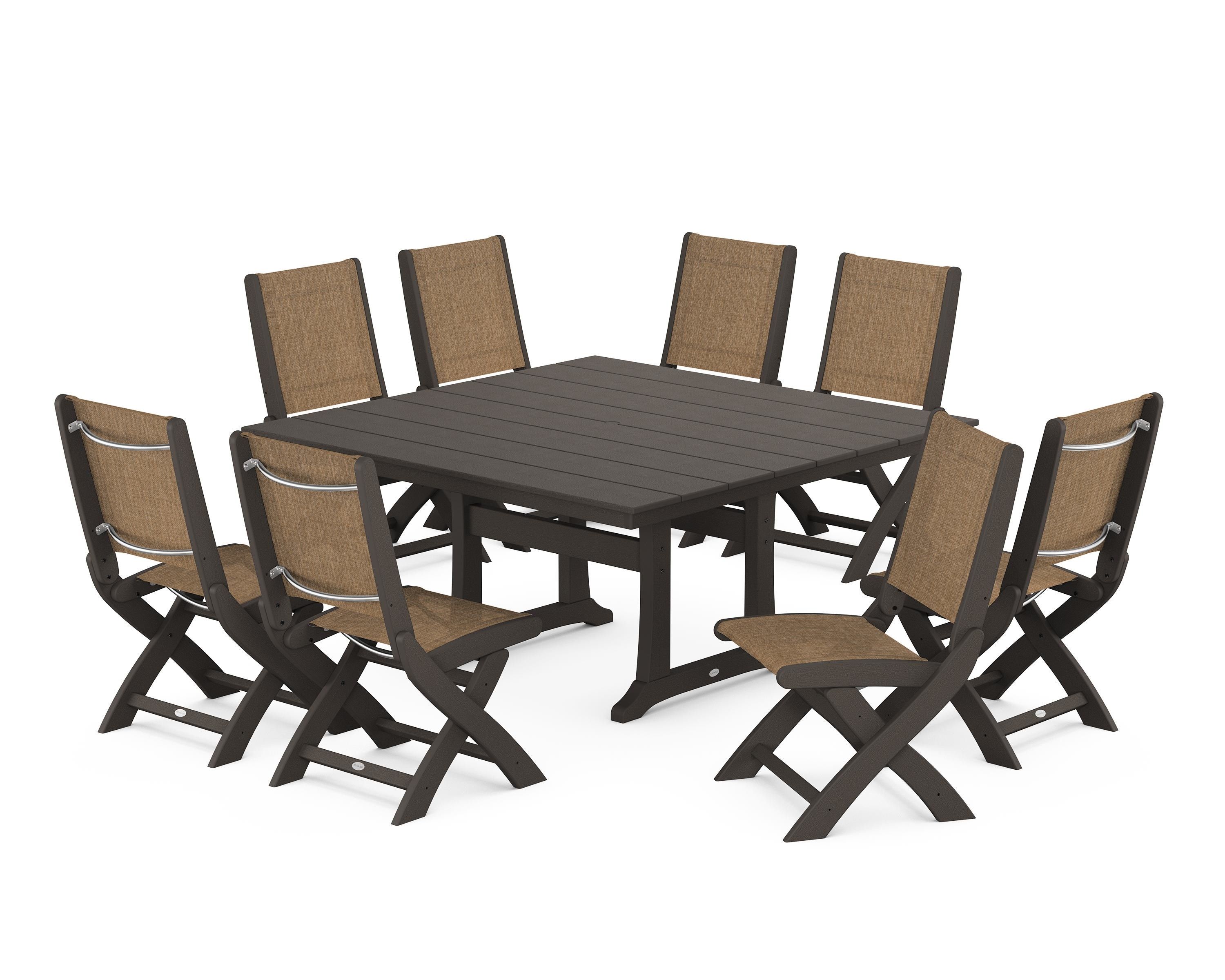 POLYWOOD Coastal Folding Side Chair 9-Piece Farmhouse Dining Set in Vintage Coffee / Burlap Sling