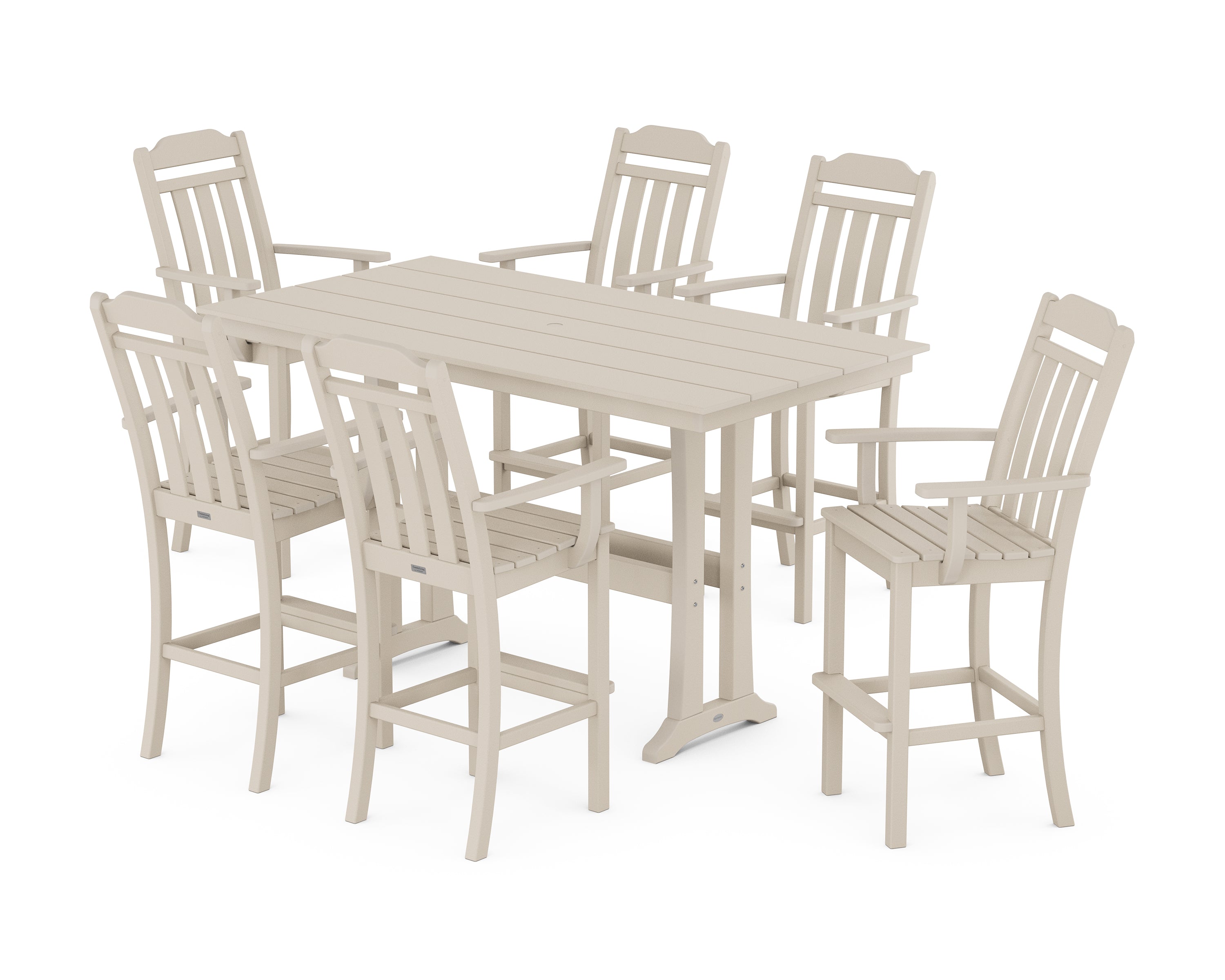 POLYWOOD Country Living Arm Chair 7-Piece Farmhouse Bar Set with Trestle Legs in Sand