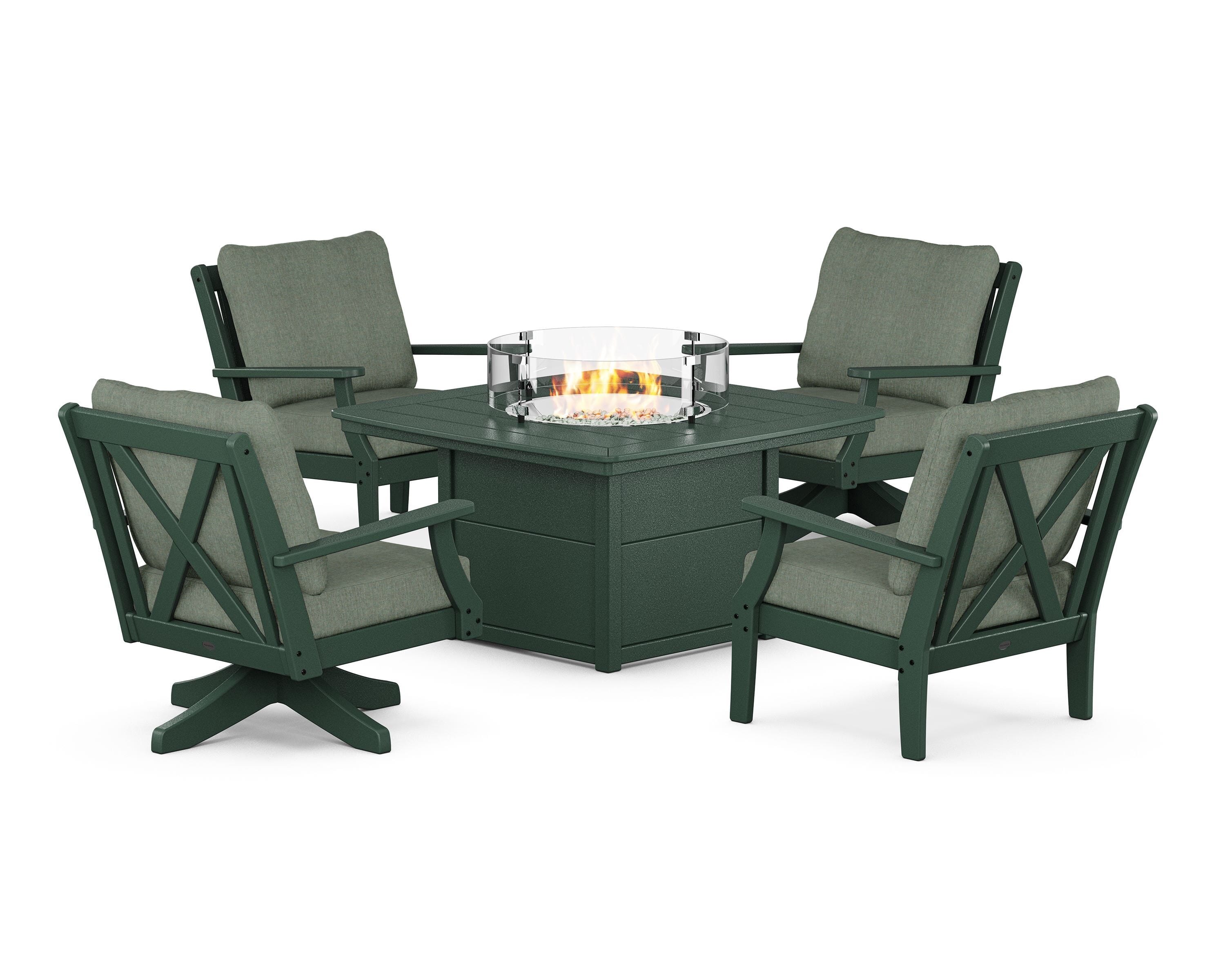 POLYWOOD Braxton 5-Piece Deep Seating Set with Fire Table in Green / Cast Sage