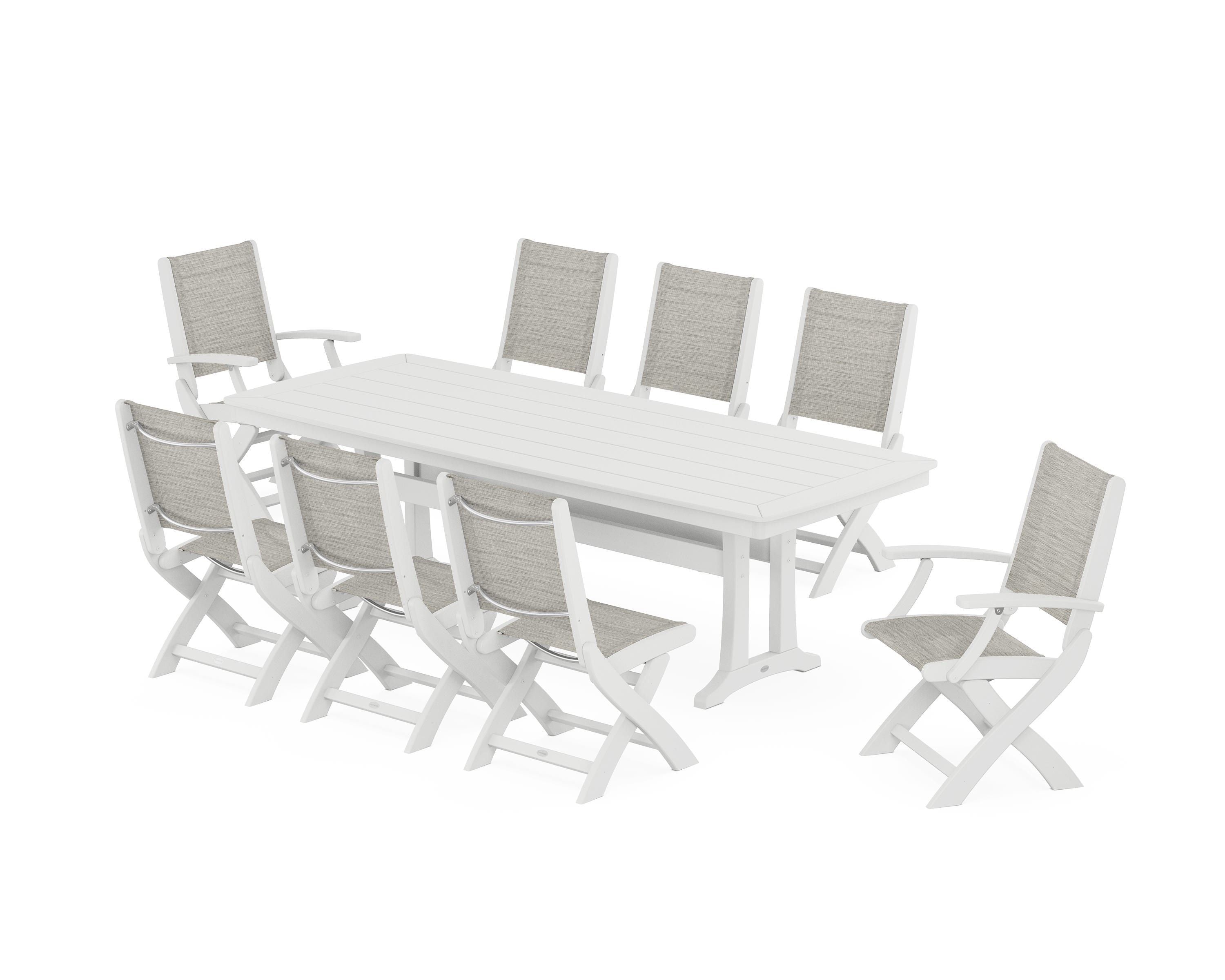 POLYWOOD Coastal Folding 9-Piece Dining Set with Trestle Legs in White / Birch Sling