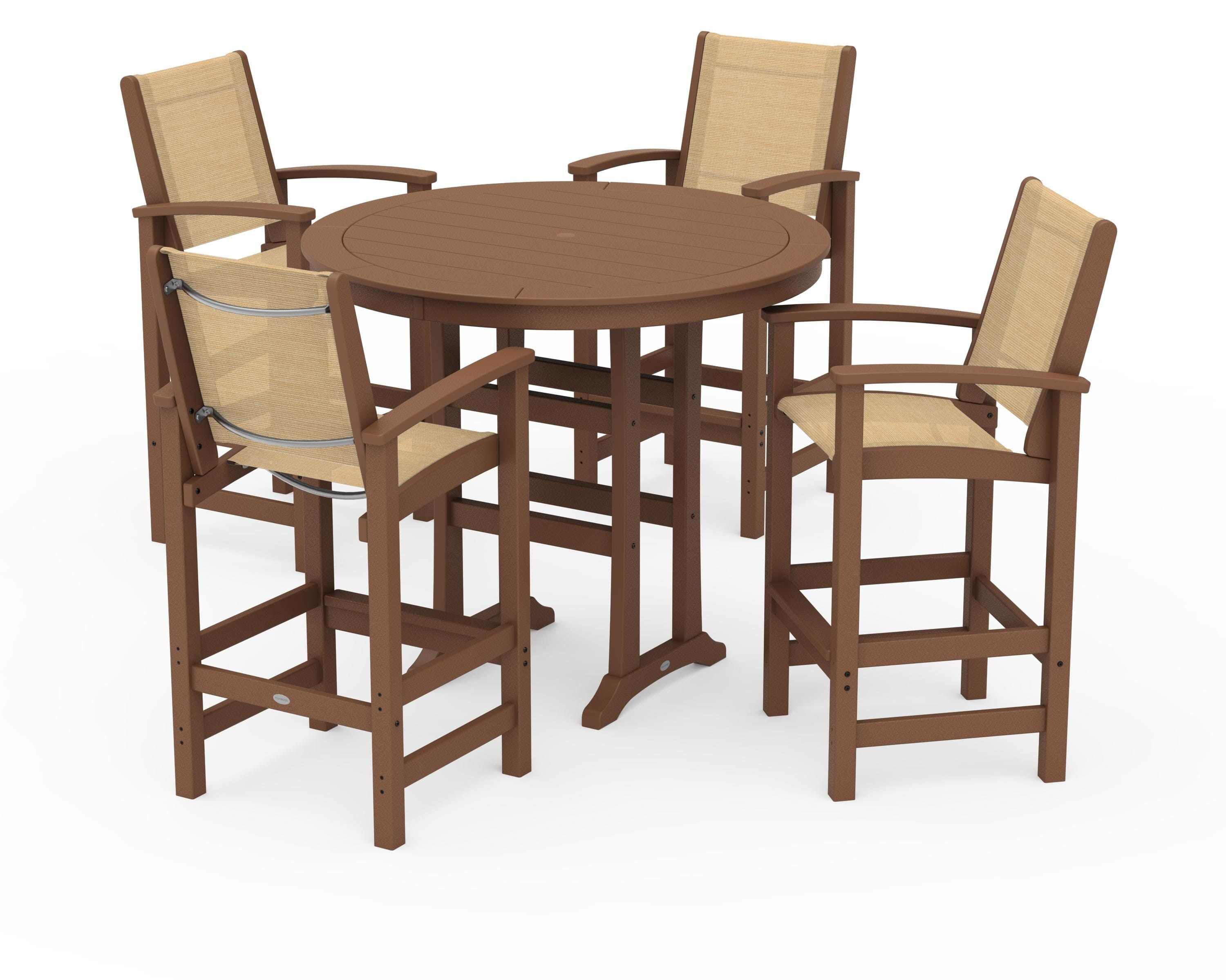 POLYWOOD Coastal 5-Piece Nautical Trestle Bar Set in Teak / Dupioni Apricot Sling