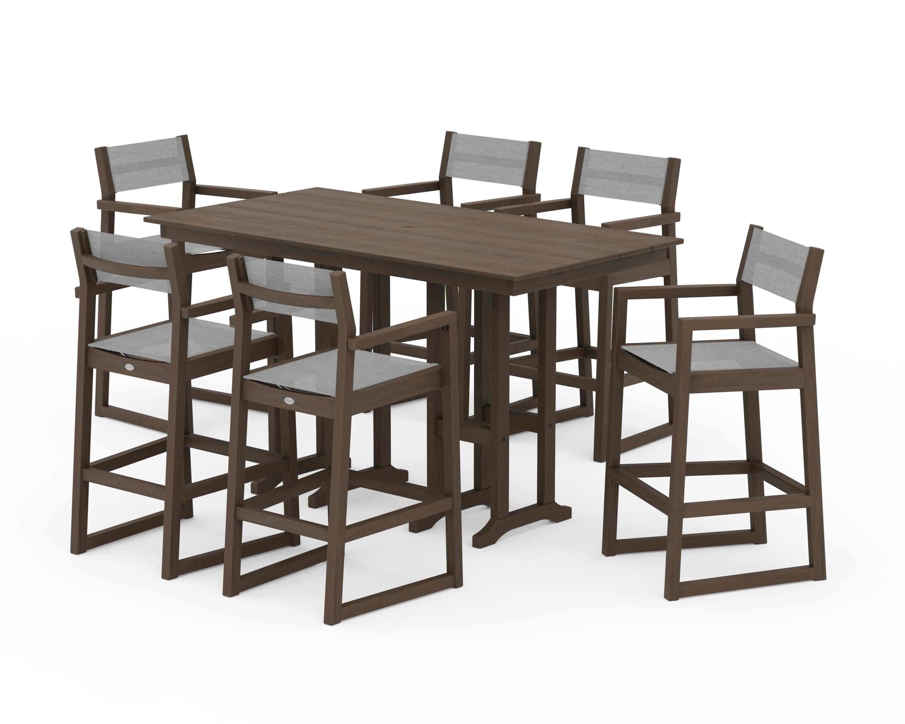 POLYWOOD EDGE Sling Arm Chair 7-Piece Farmhouse Bar Set in Kona / Metallic Sling