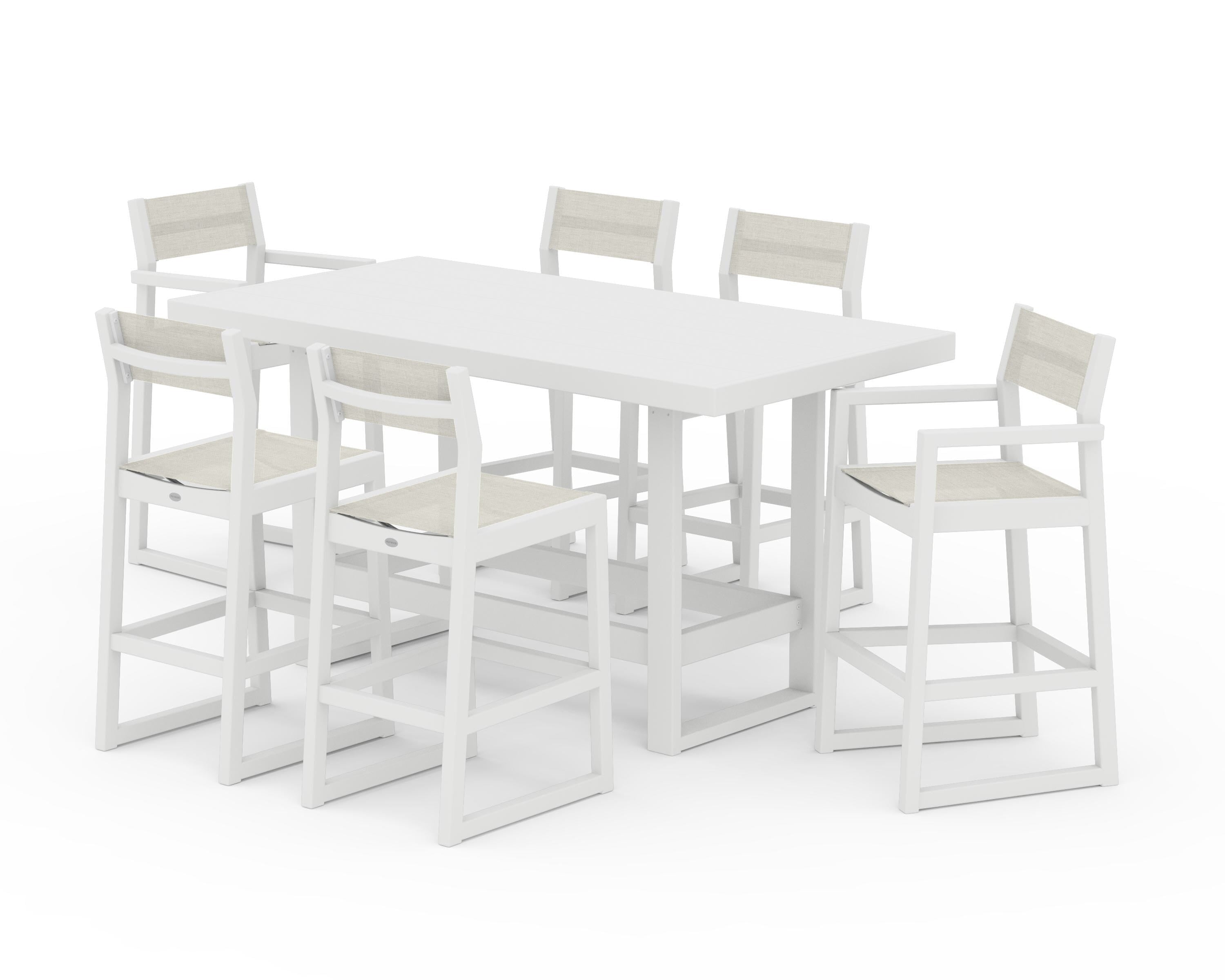 POLYWOOD EDGE Sling 7-Piece Bar Table Set in White / Parchment Sling