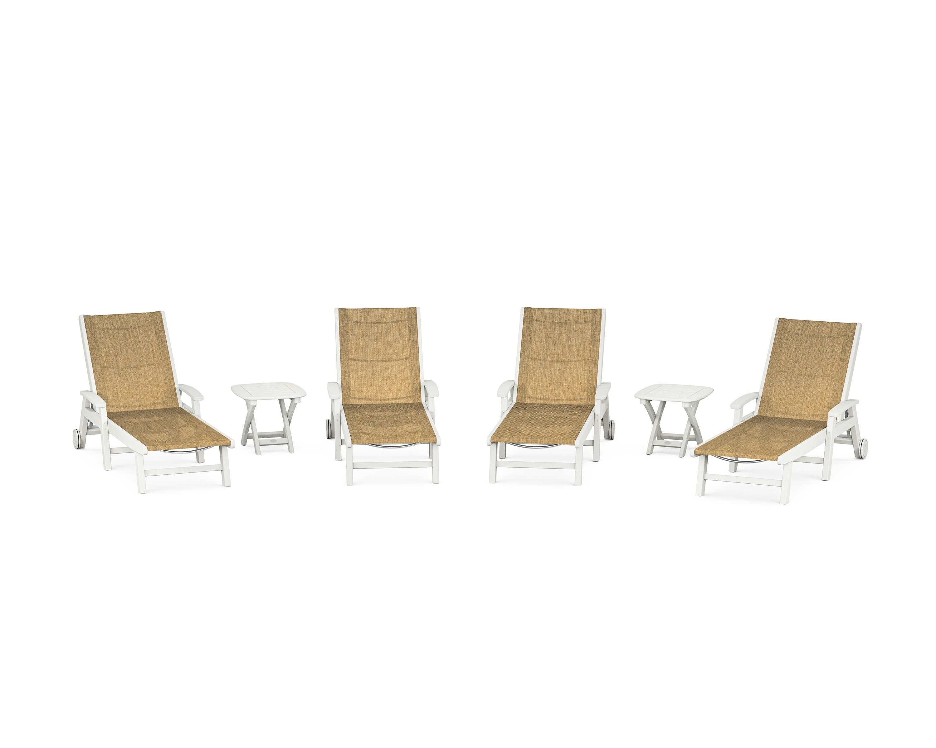 POLYWOOD Coastal Chaise 6-Piece Set with Wheels in Vintage White / Burlap Sling