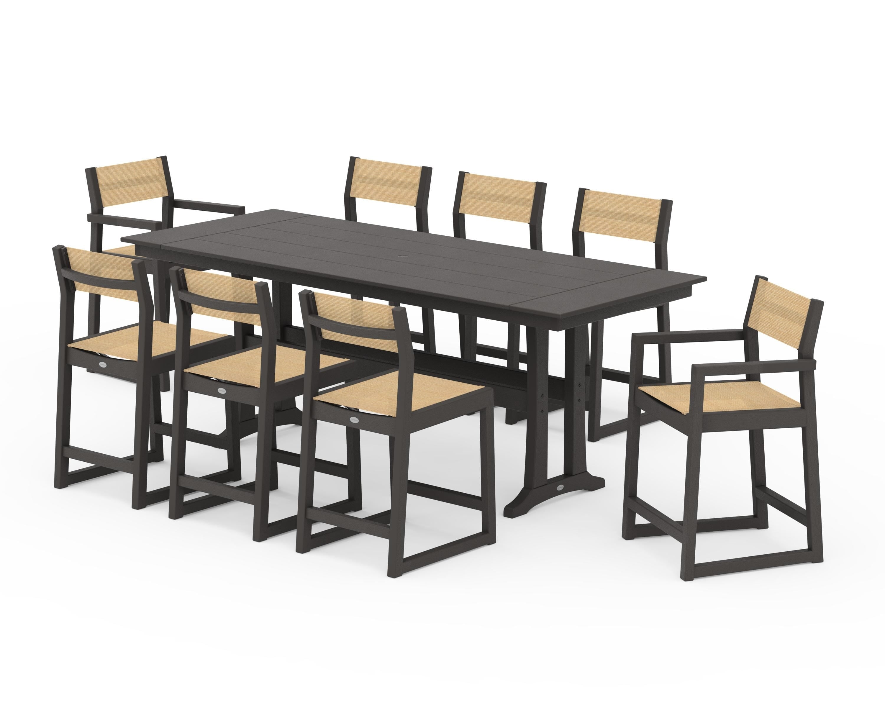 POLYWOOD EDGE Sling 9-Piece Farmhouse Counter Set with Trestle Legs in Vintage Coffee / Dupioni Apricot Sling