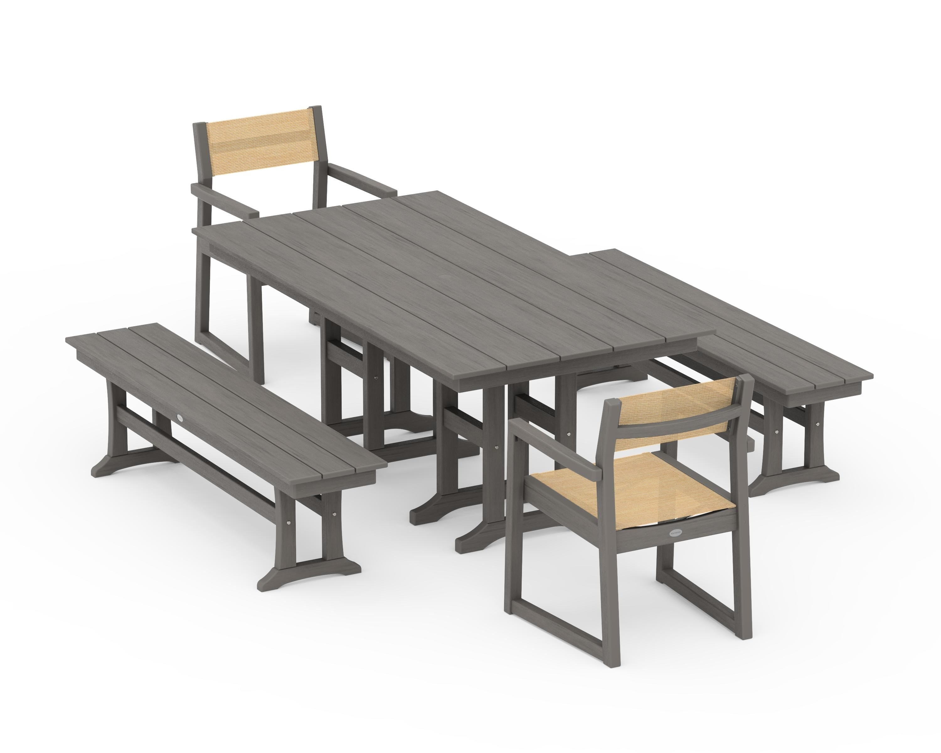 POLYWOOD EDGE Sling Arm Chair 5-Piece Farmhouse Dining Set with Benches in Driftwood / Dupioni Apricot Sling