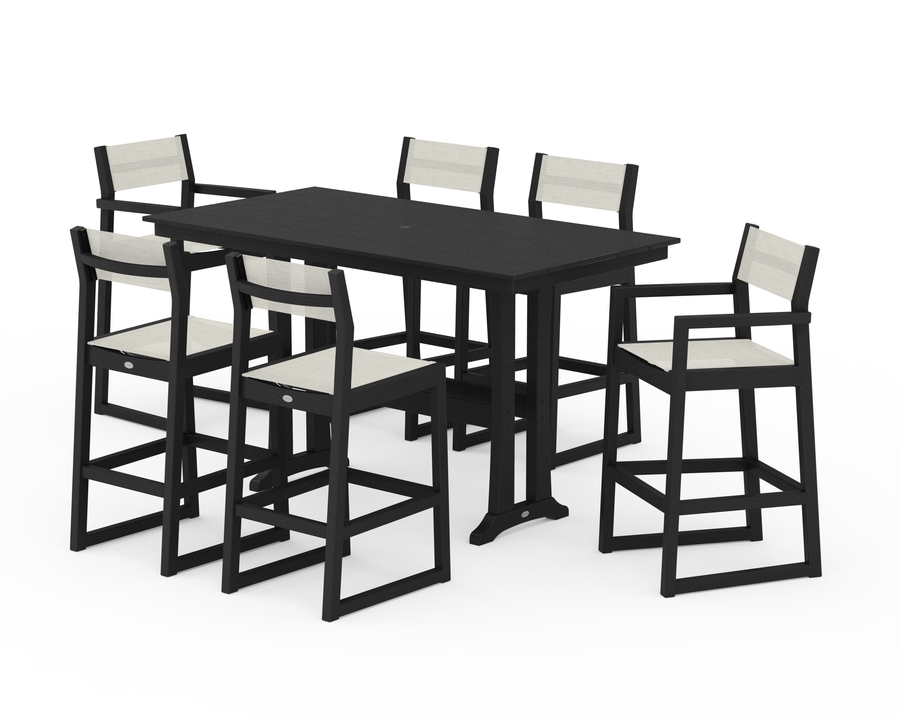 POLYWOOD EDGE Sling 7-Piece Farmhouse Bar Set with Trestle Legs in Black / Parchment Sling