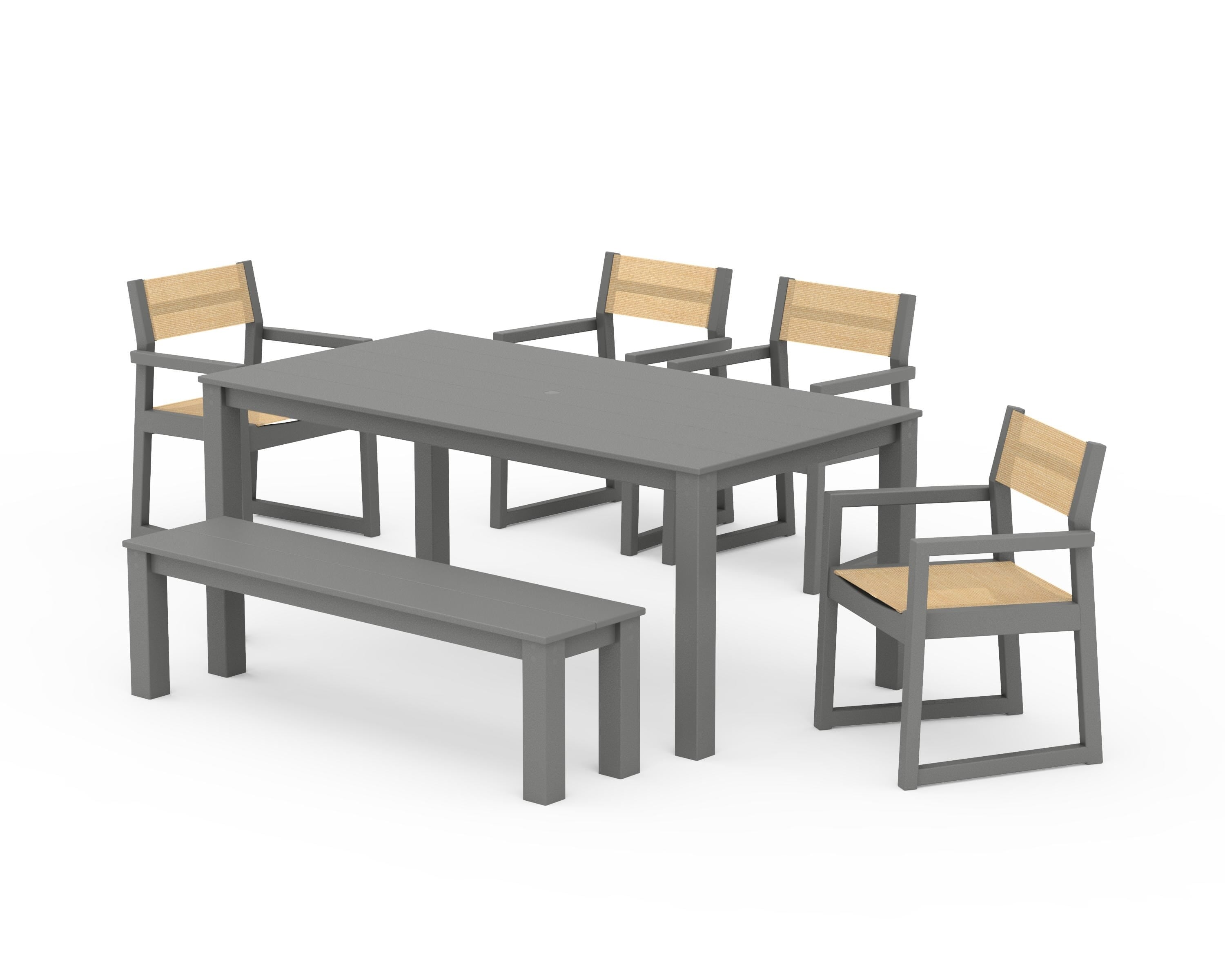 POLYWOOD EDGE Sling Arm Chair 6-Piece Parsons Dining Set with Bench in Slate Grey / Dupioni Apricot Sling