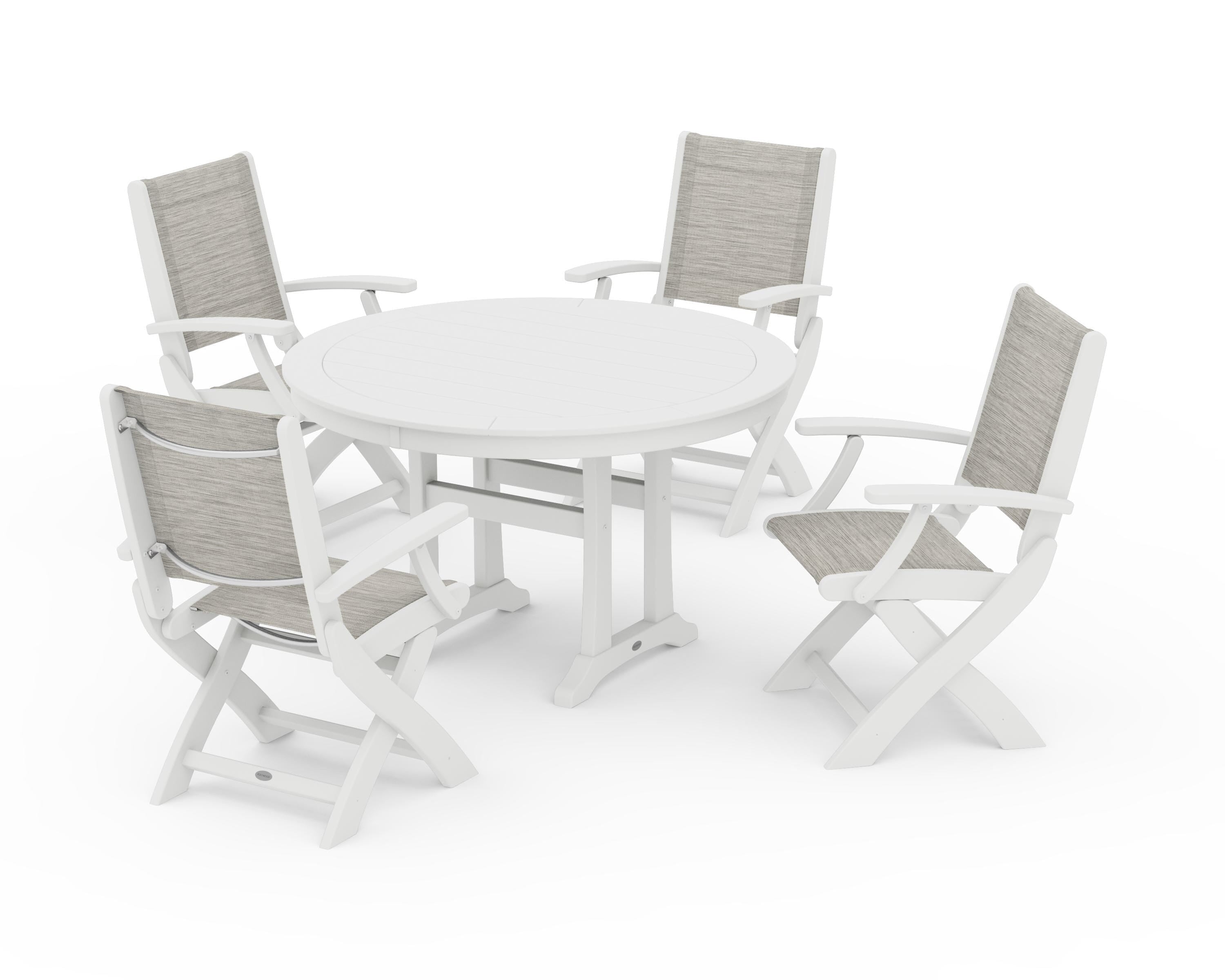 POLYWOOD Coastal Folding Chair 5-Piece Round Dining Set with Trestle Legs in White / Birch Sling