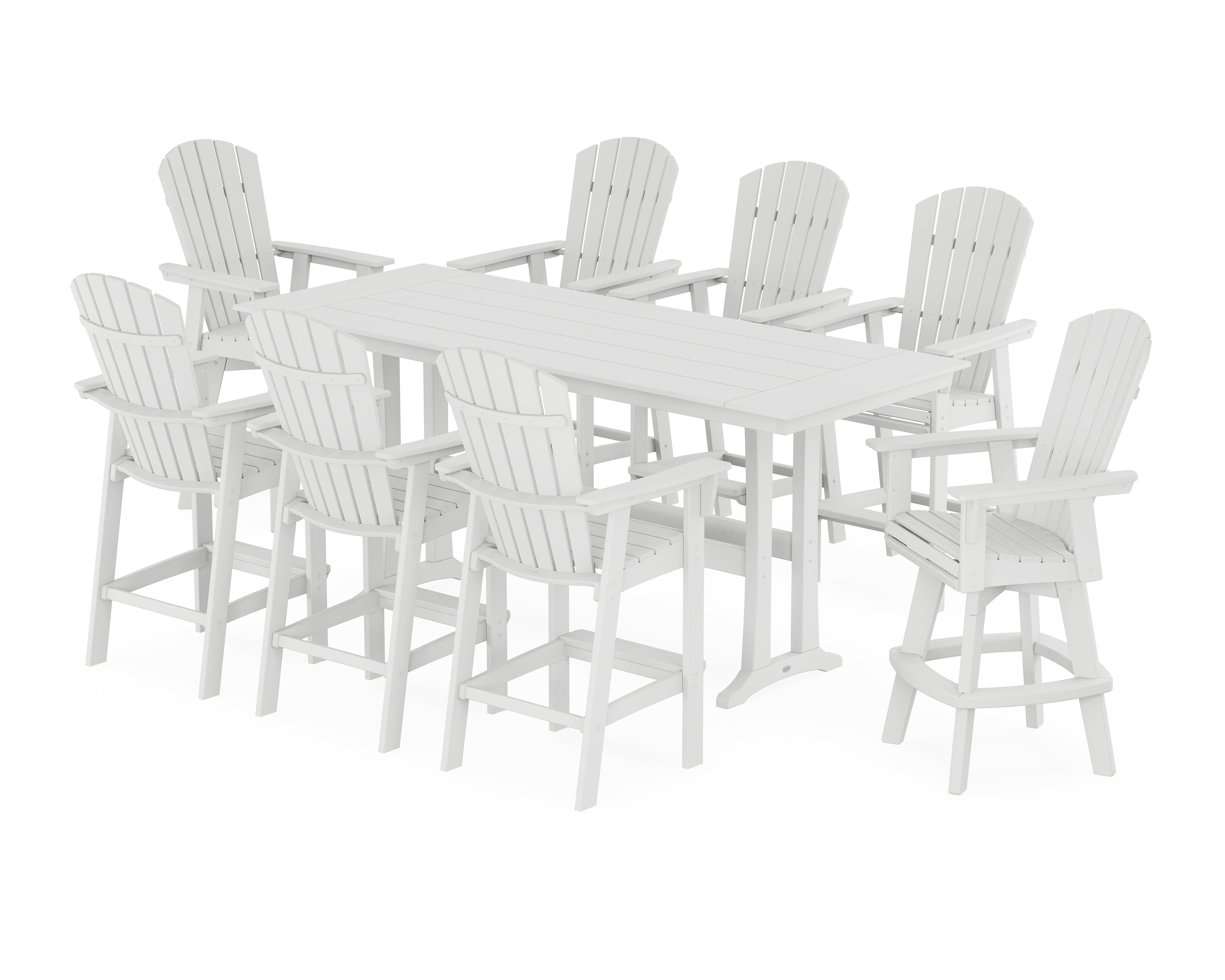 POLYWOOD® Nautical Curveback Adirondack Swivel 9-Piece Farmhouse Swivel Bar Set with Trestle Legs in White