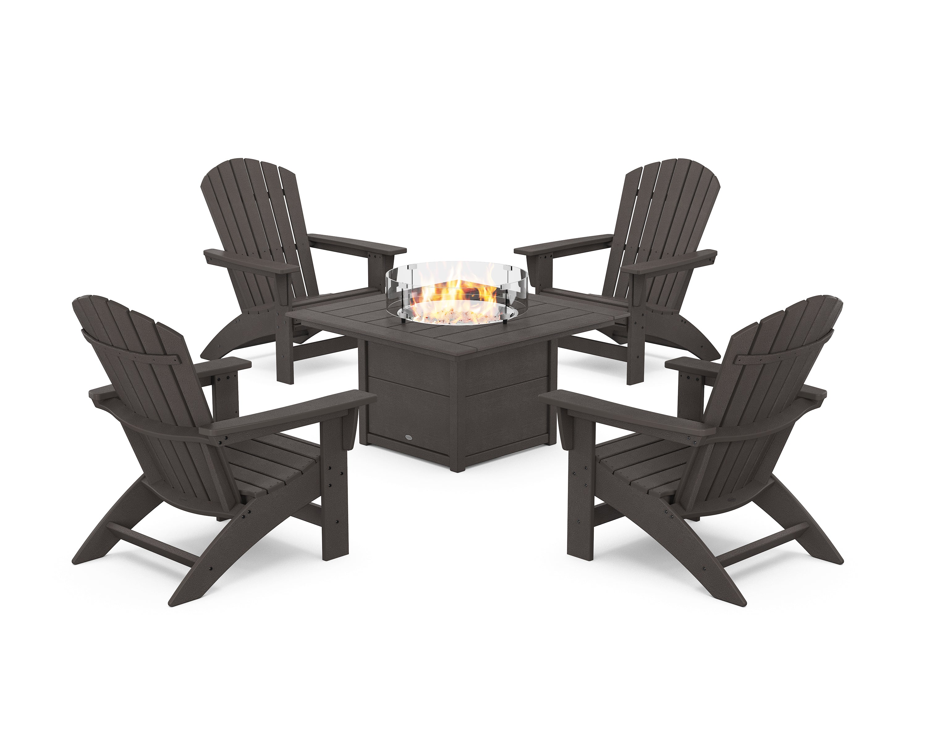 POLYWOOD 5-Piece Nautical Grand Adirondack Conversation Set with Fire Pit Table in Vintage Coffee