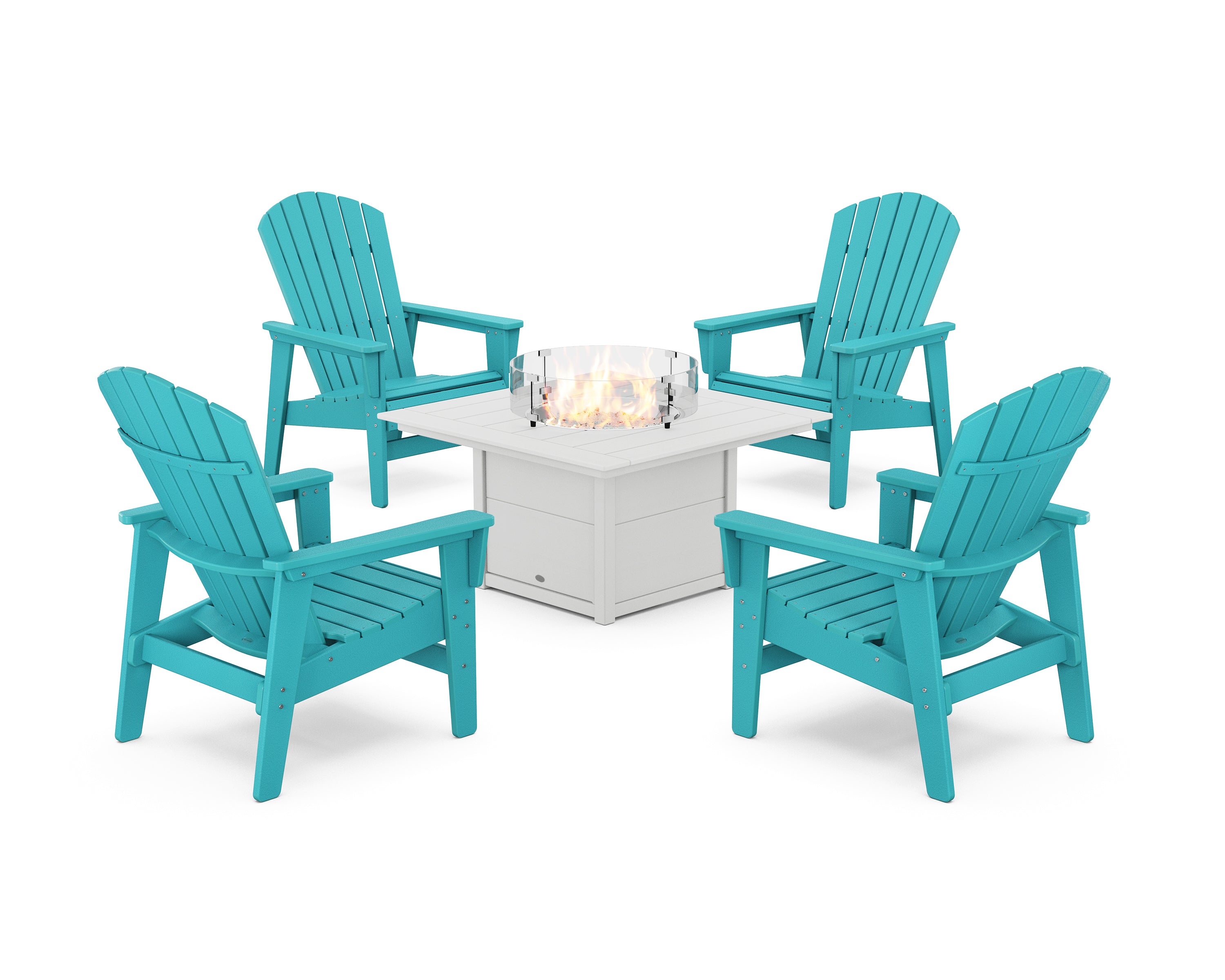 POLYWOOD 5-Piece Nautical Grand Upright Adirondack Conversation Set with Fire Pit Table in Aruba / White