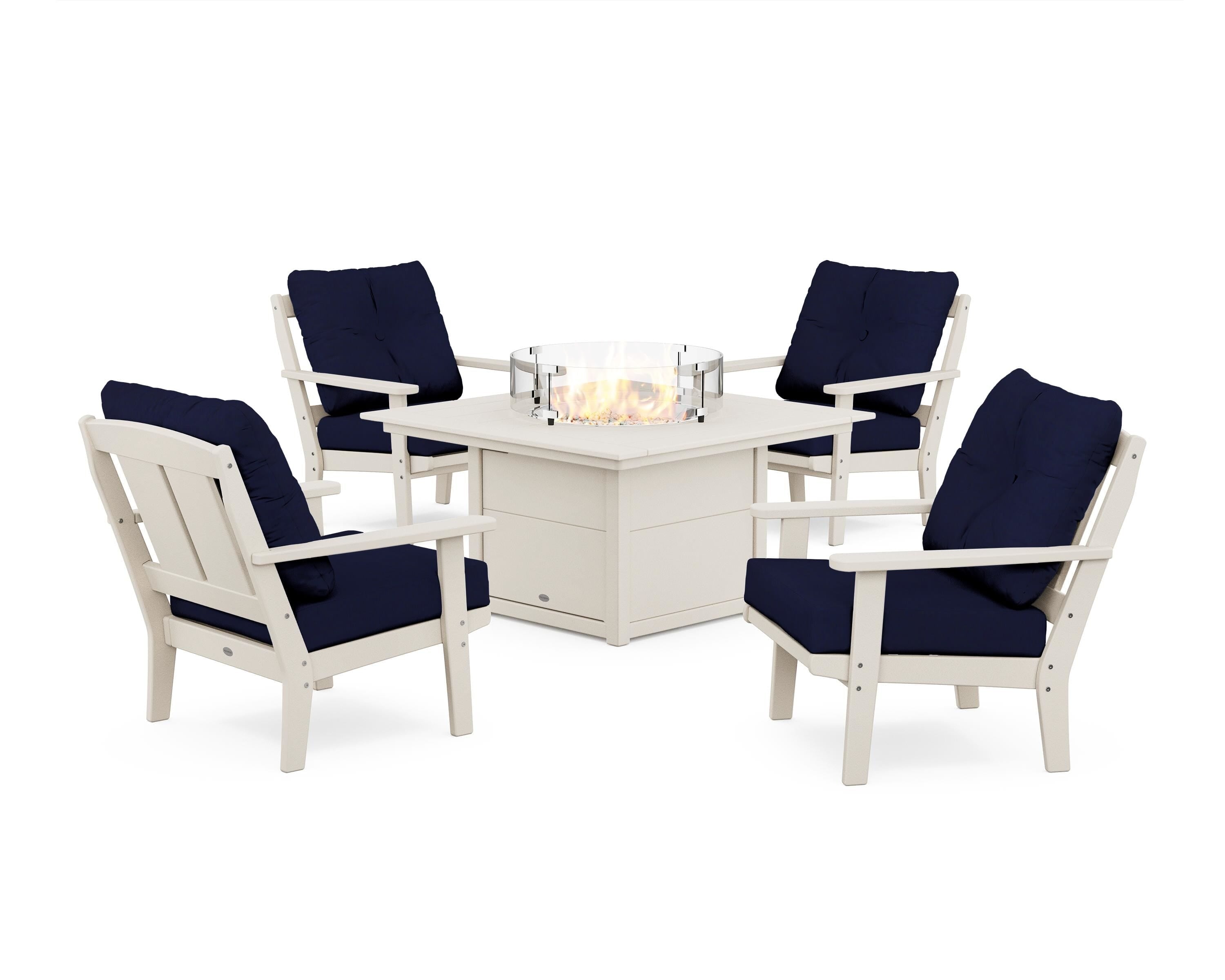 POLYWOOD Mission 5-Piece Deep Seating Set with Fire Pit Table in Sand / Navy