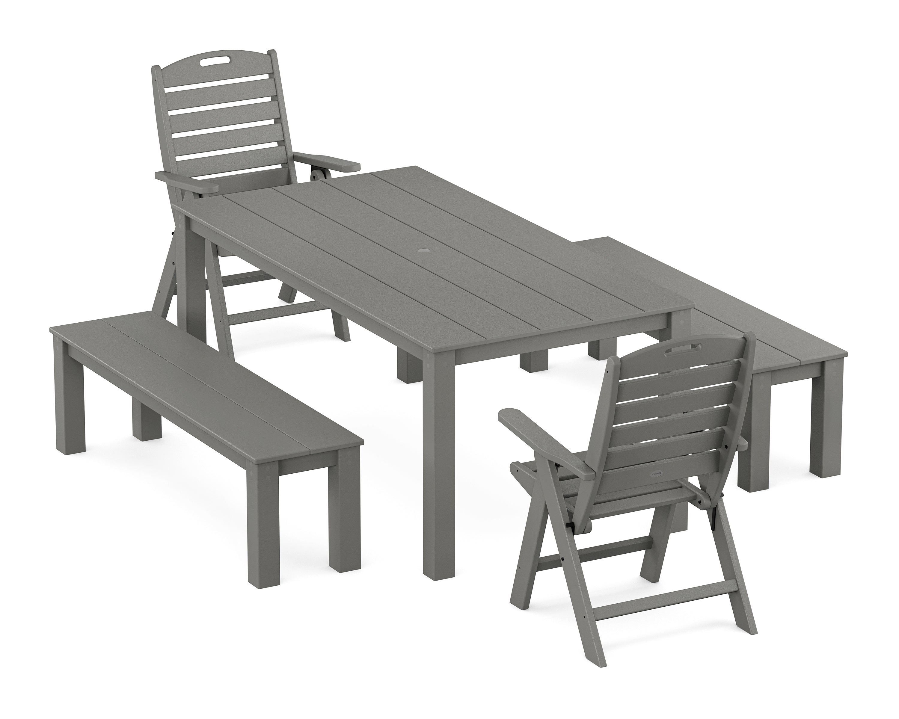 POLYWOOD Nautical Folding Highback Chair 5-Piece Parsons Dining Set with Benches in Slate Grey