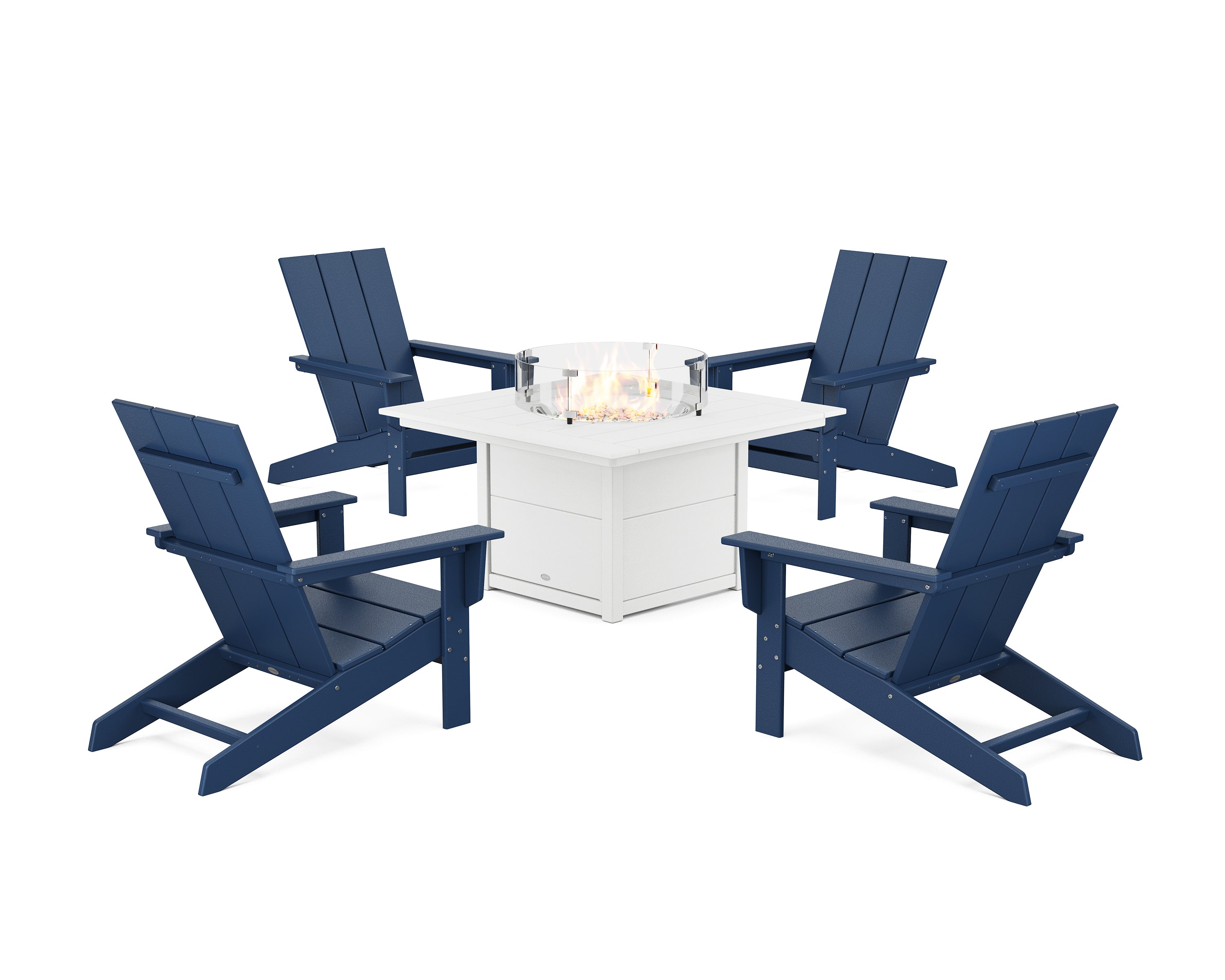 POLYWOOD 5-Piece Modern Studio Adirondack Conversation Set with Fire Pit Table in Navy / White
